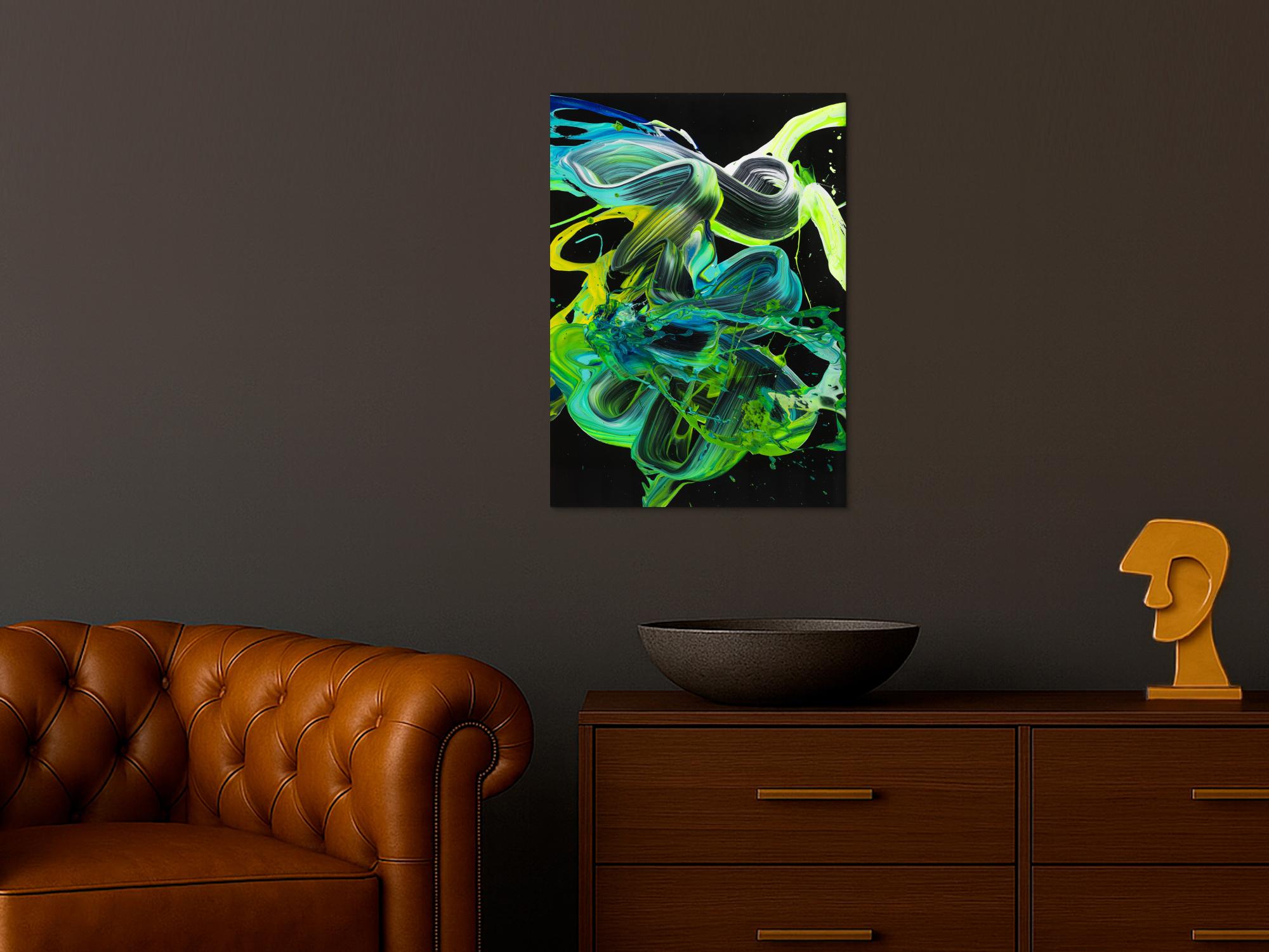 Abstraktes Original Gemälde 70x50cm Action Painting Modern Art handgemalt Fluid Painting schwarz türkis grün Einzelstück