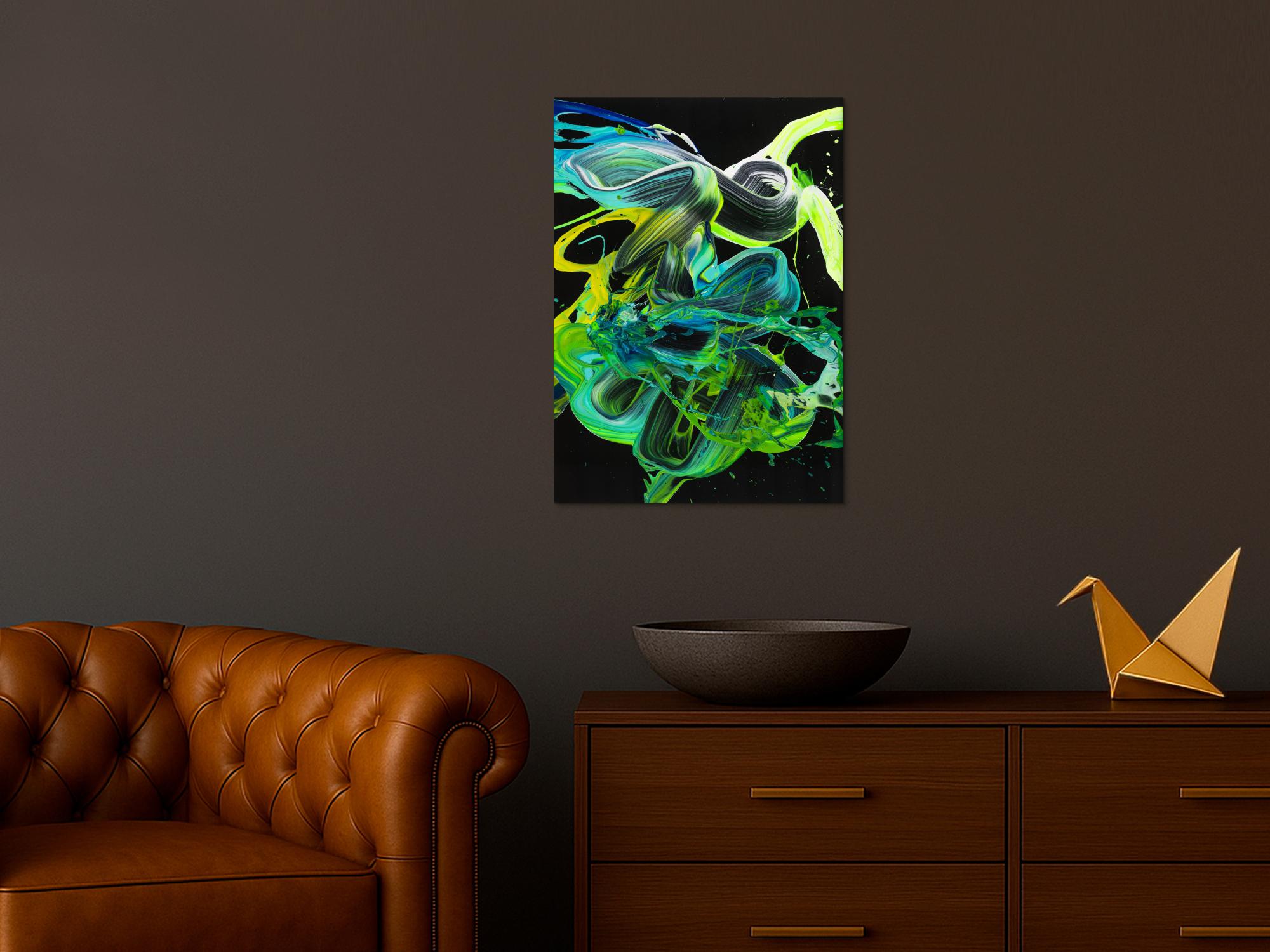 Abstraktes Original Gemälde 70x50cm Action Painting Modern Art handgemalt Fluid Painting schwarz türkis grün Einzelstück