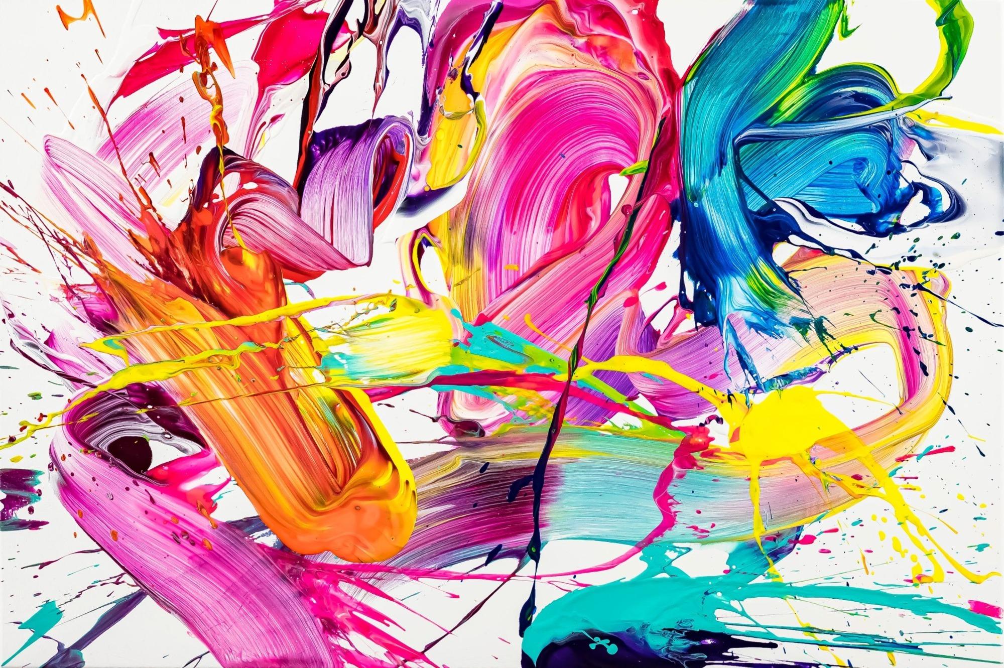 Abstraktes Original Gemälde 60x90cm Action Painting Moderne Kunst handgemalt Splash Art weiß bunt pink hochwertig