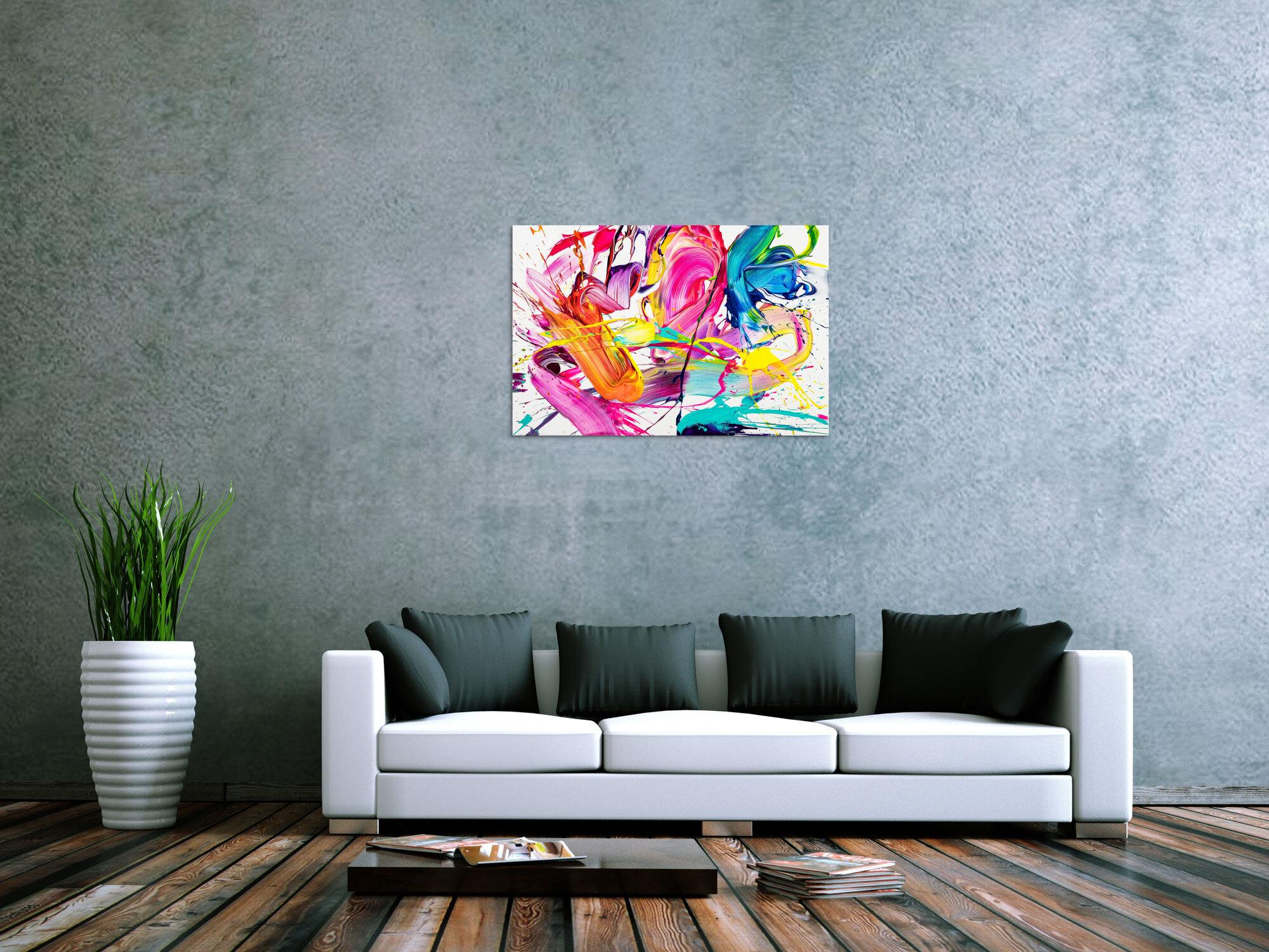 Abstraktes Original Gemälde 60x90cm Action Painting Moderne Kunst handgemalt Splash Art weiß bunt pink hochwertig