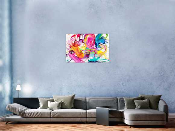 Abstraktes Original Gemälde 60x90cm Action Painting Moderne Kunst handgemalt Splash Art weiß bunt pink hochwertig