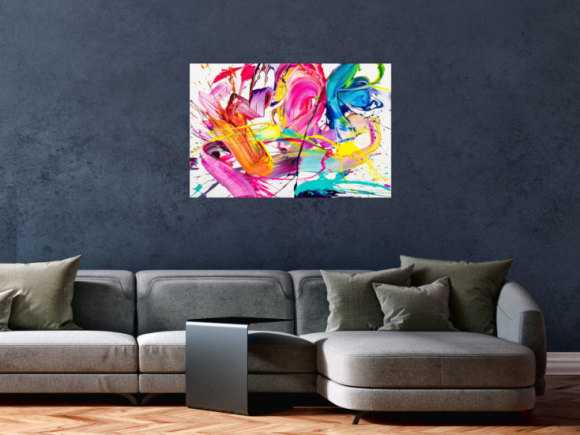 Abstraktes Original Gemälde 60x90cm Action Painting Moderne Kunst handgemalt Splash Art weiß bunt pink hochwertig