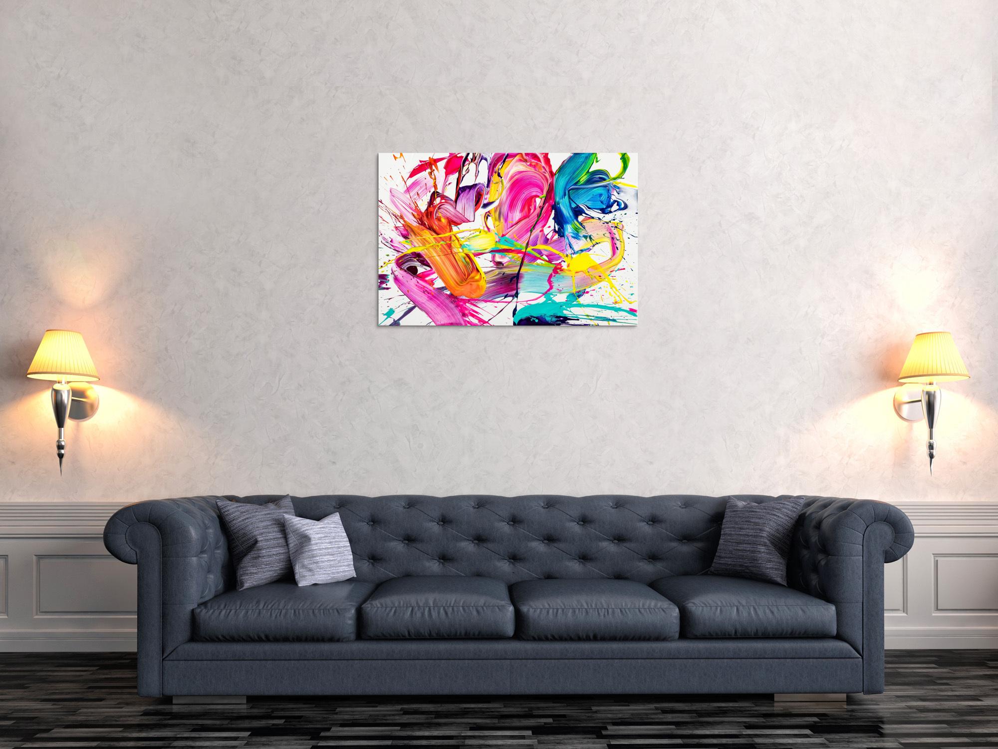 Abstraktes Original Gemälde 60x90cm Action Painting Moderne Kunst handgemalt Splash Art weiß bunt pink hochwertig