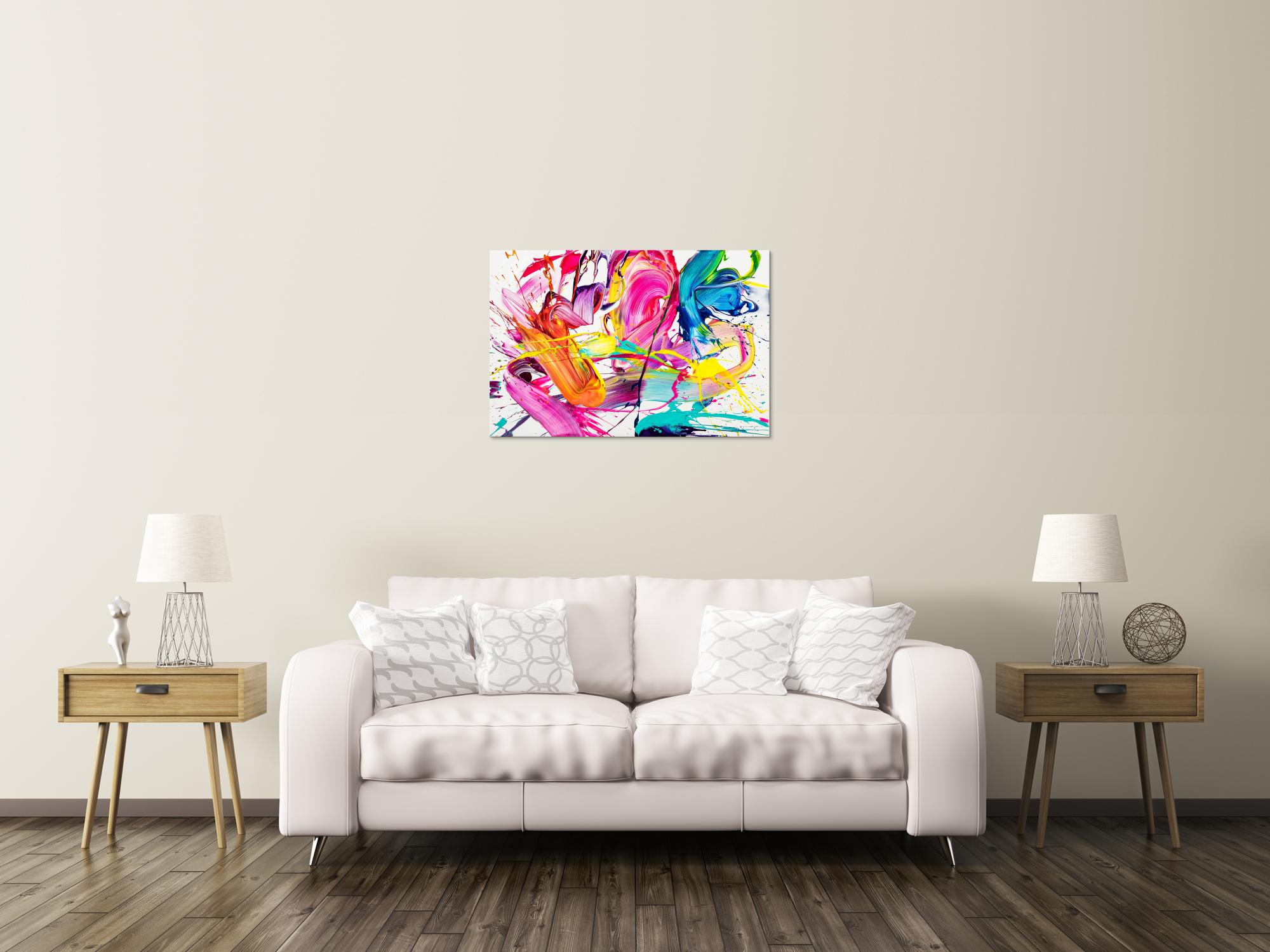 Abstraktes Original Gemälde 60x90cm Action Painting Moderne Kunst handgemalt Splash Art weiß bunt pink hochwertig