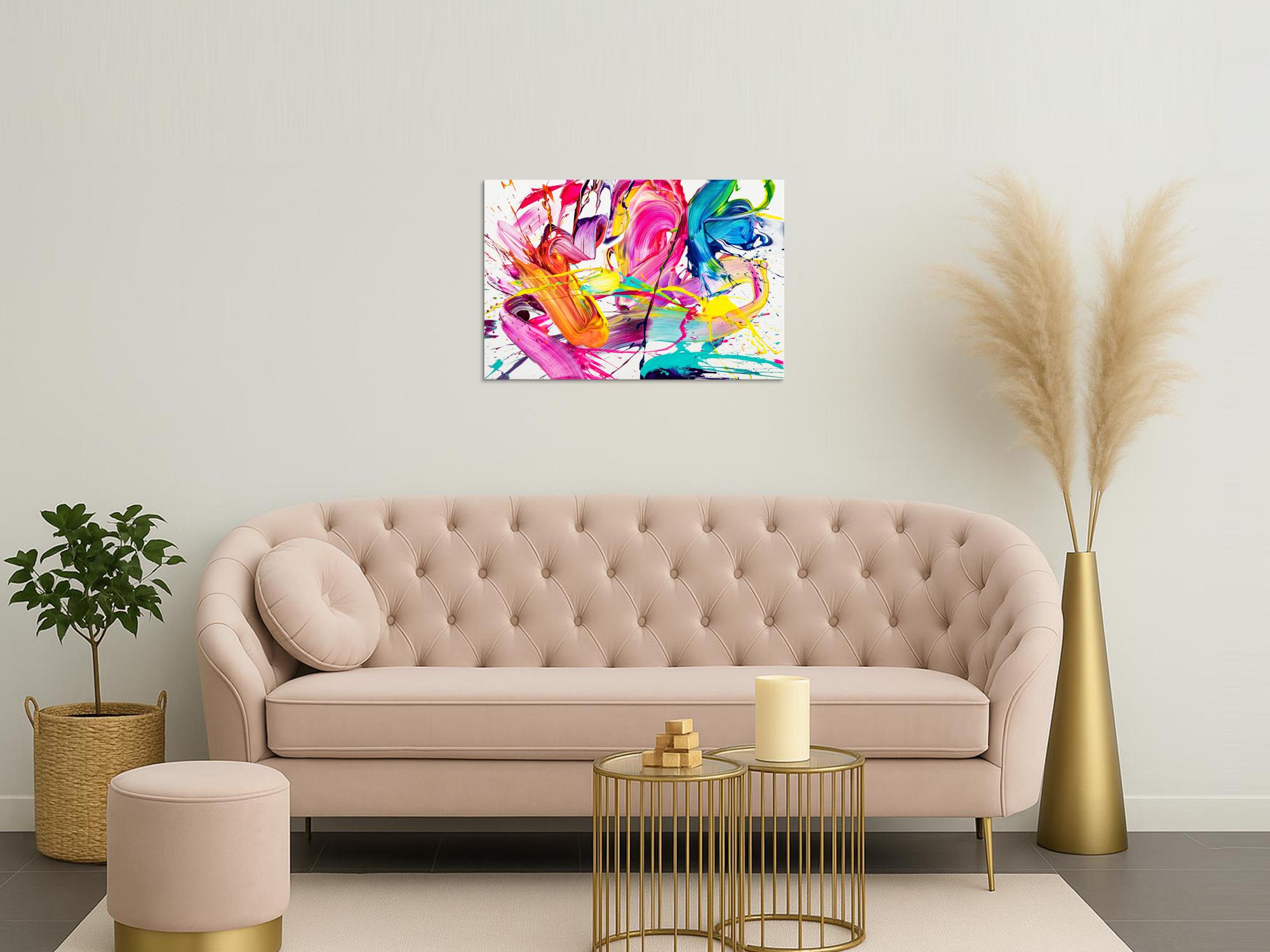 Abstraktes Original Gemälde 60x90cm Action Painting Moderne Kunst handgemalt Splash Art weiß bunt pink hochwertig