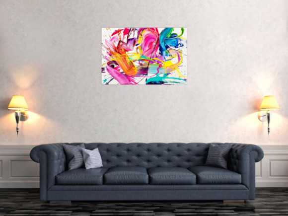 Abstraktes Original Gemälde 60x90cm Action Painting Moderne Kunst handgemalt Splash Art weiß bunt pink hochwertig