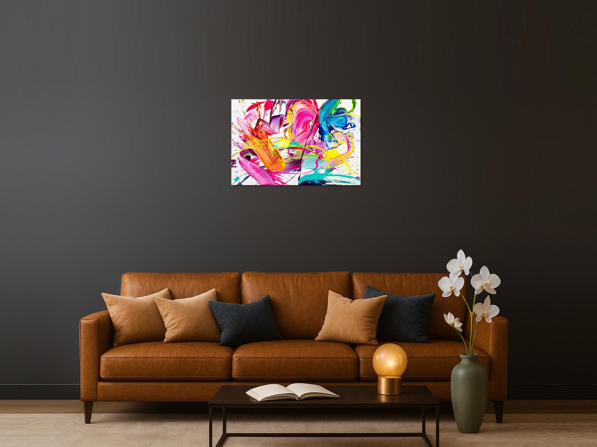 Abstraktes Original Gemälde 60x90cm Action Painting Moderne Kunst handgemalt Splash Art weiß bunt pink hochwertig