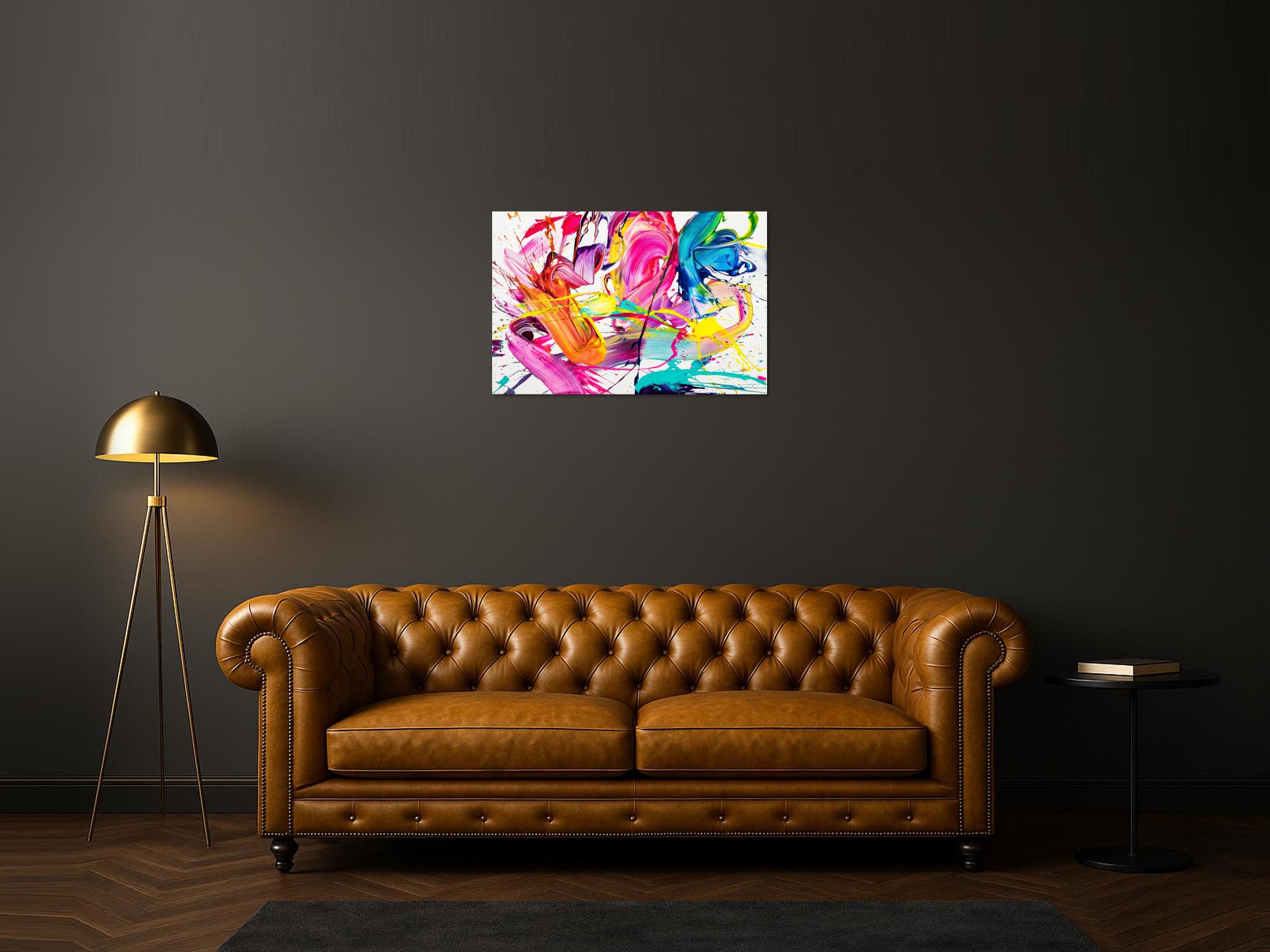 Abstraktes Original Gemälde 60x90cm Action Painting Moderne Kunst handgemalt Splash Art weiß bunt pink hochwertig