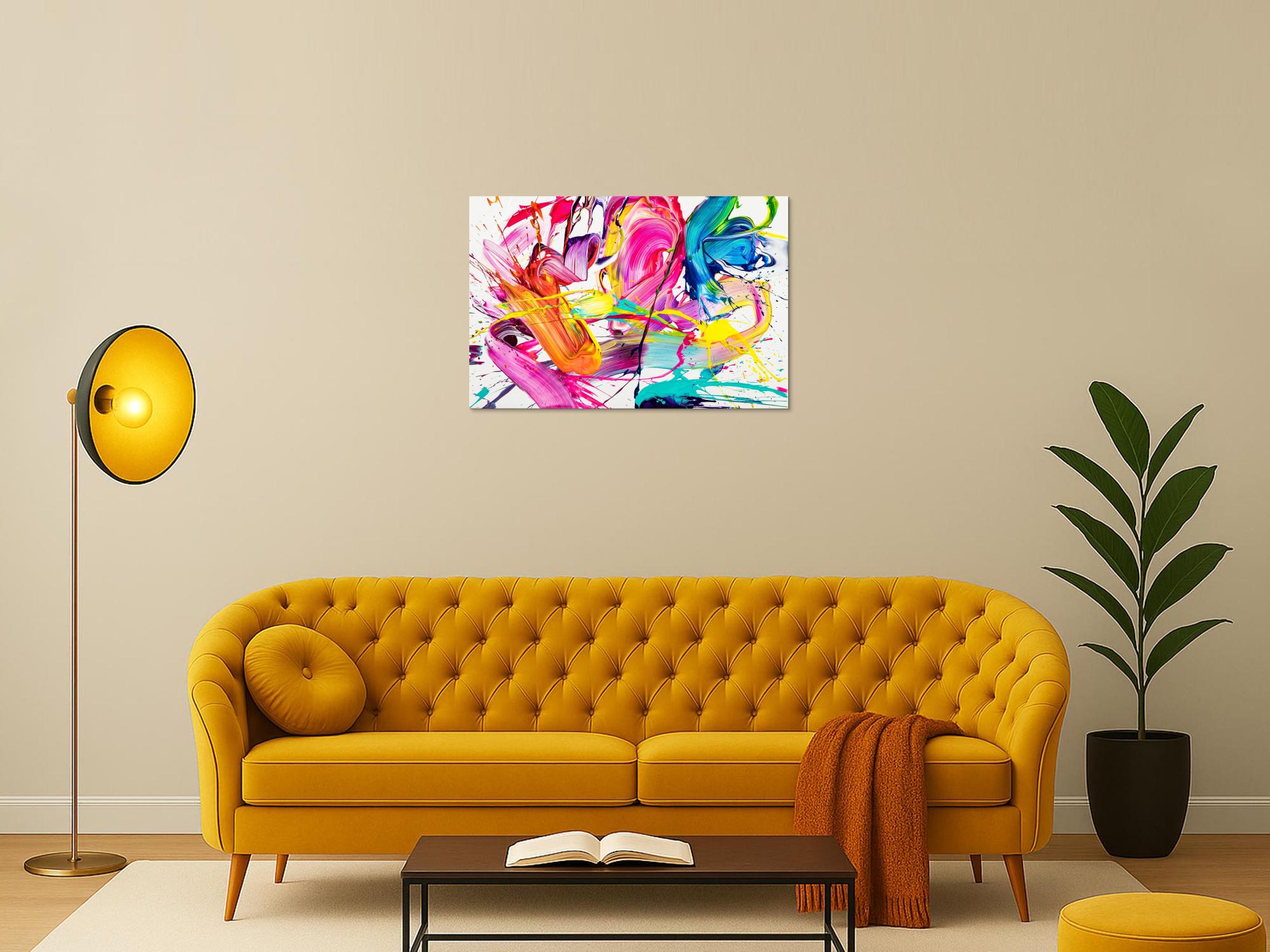 Abstraktes Original Gemälde 60x90cm Action Painting Moderne Kunst handgemalt Splash Art weiß bunt pink hochwertig