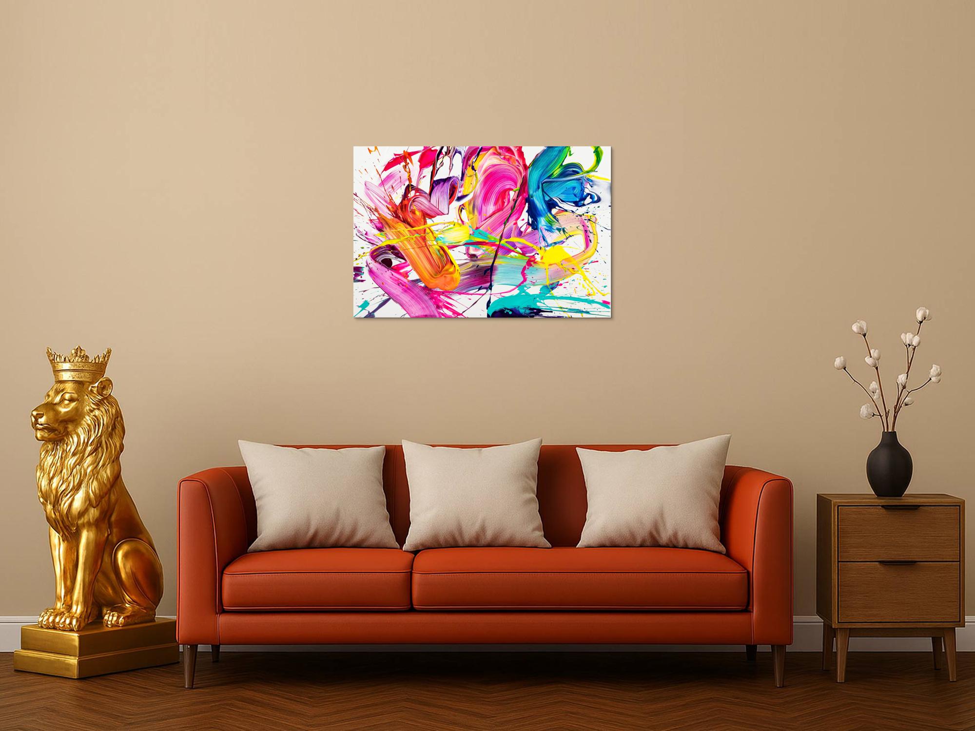 Abstraktes Original Gemälde 60x90cm Action Painting Moderne Kunst handgemalt Splash Art weiß bunt pink hochwertig