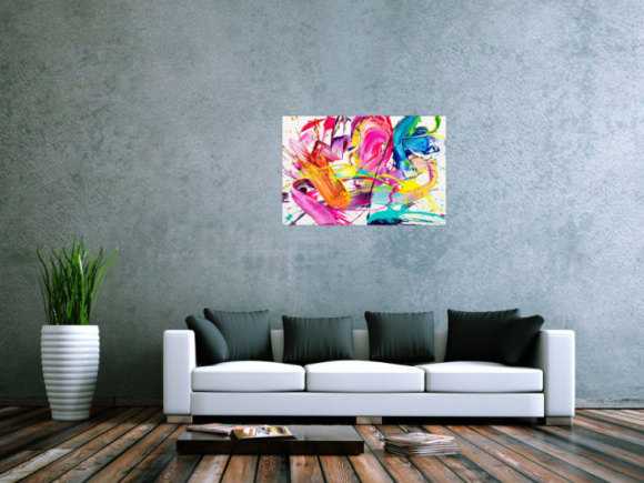 Abstraktes Original Gemälde 60x90cm Action Painting Moderne Kunst handgemalt Splash Art weiß bunt pink hochwertig