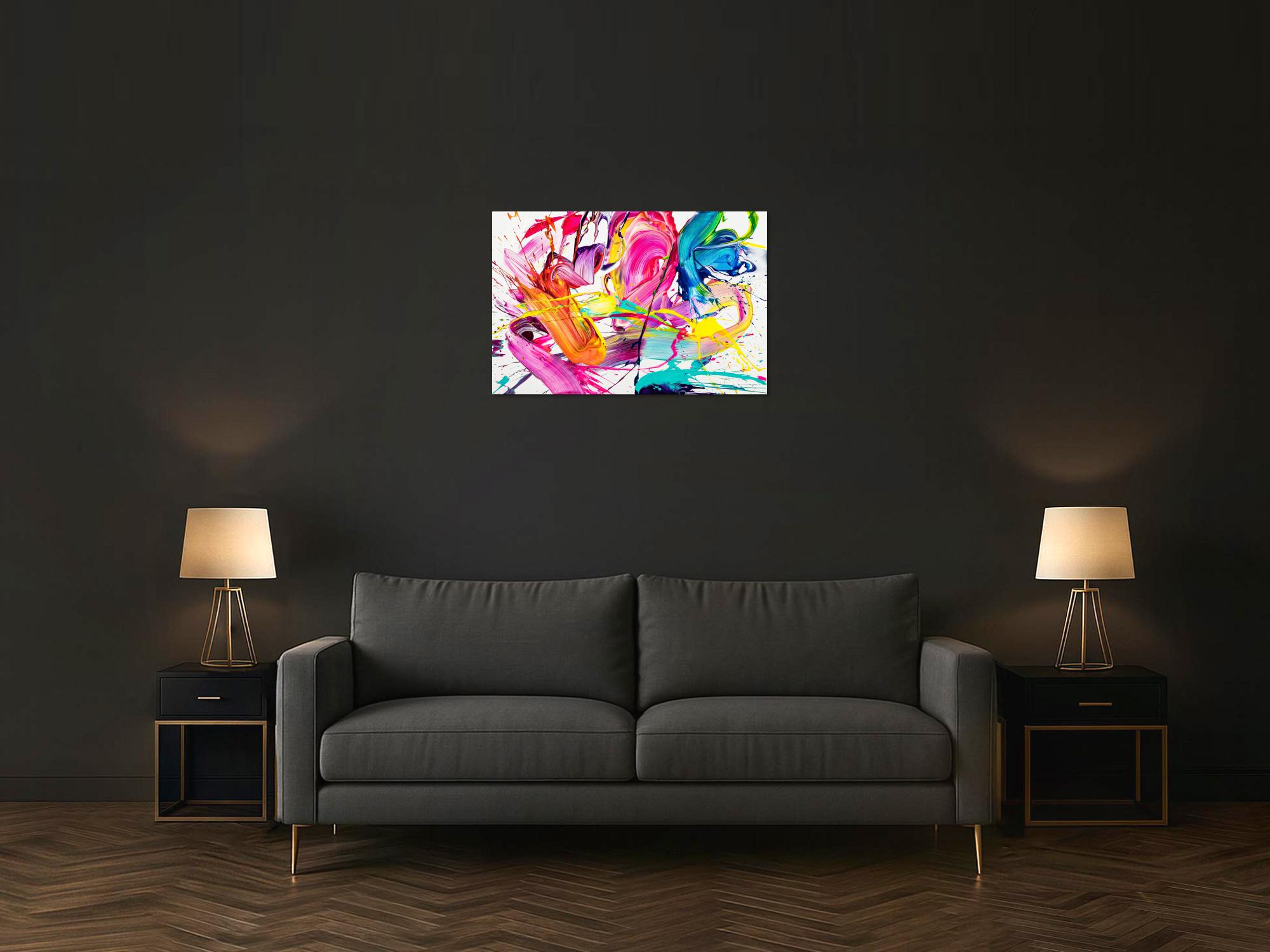 Abstraktes Original Gemälde 60x90cm Action Painting Moderne Kunst handgemalt Splash Art weiß bunt pink hochwertig