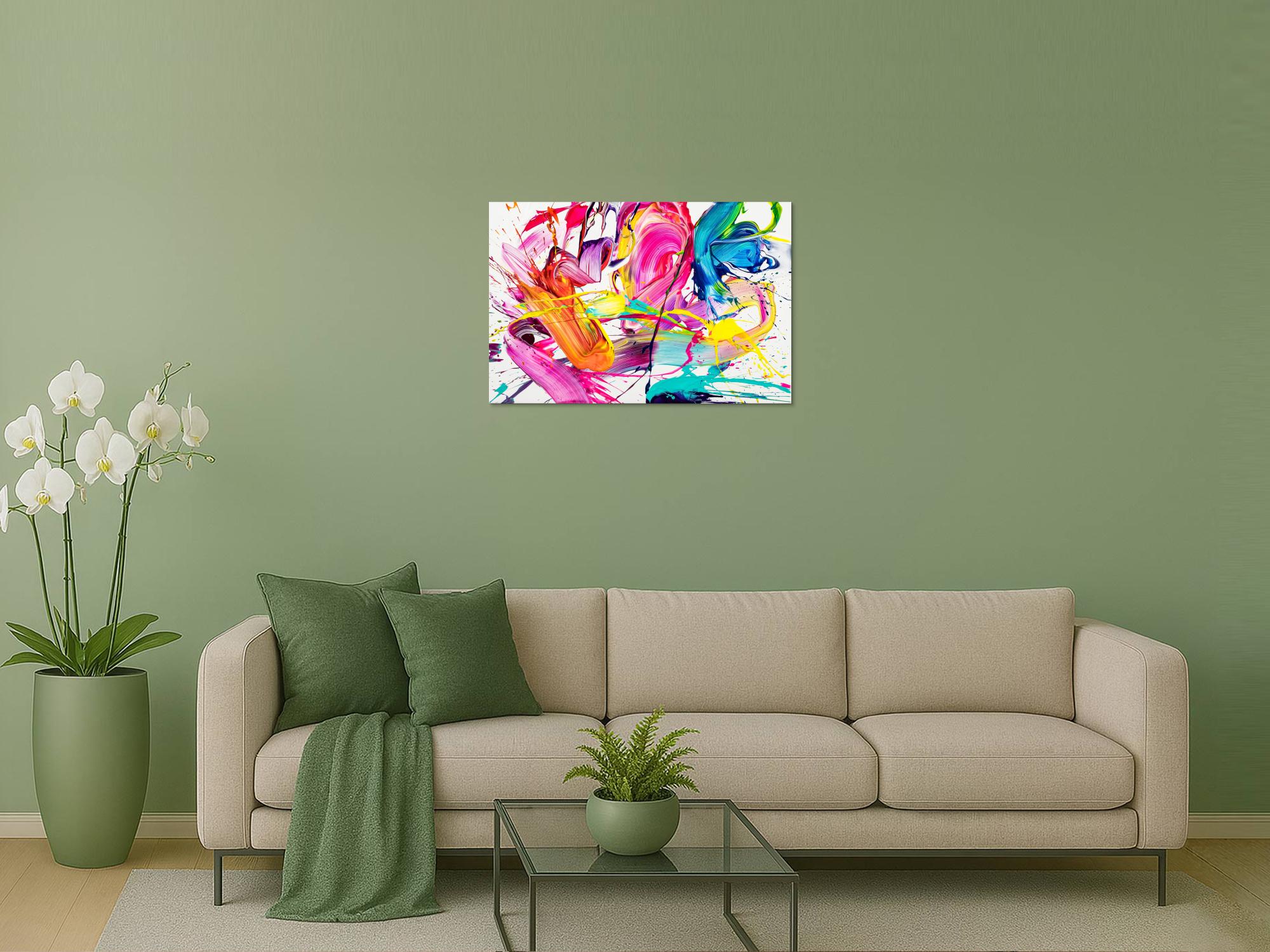 Abstraktes Original Gemälde 60x90cm Action Painting Moderne Kunst handgemalt Splash Art weiß bunt pink hochwertig