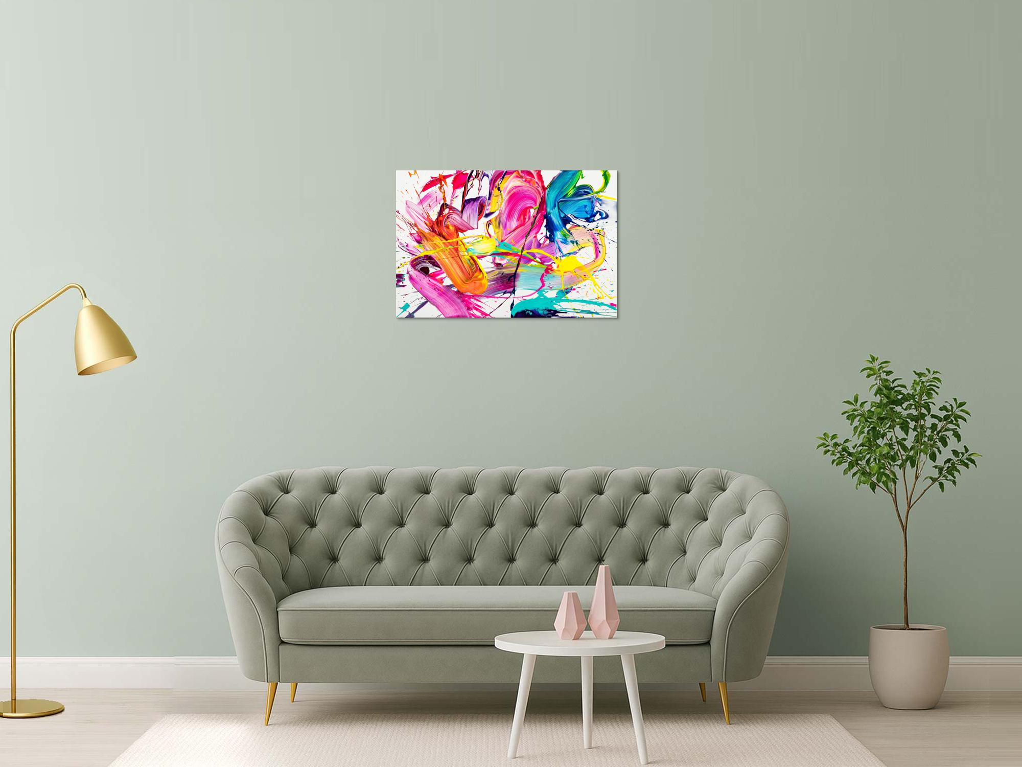 Abstraktes Original Gemälde 60x90cm Action Painting Moderne Kunst handgemalt Splash Art weiß bunt pink hochwertig