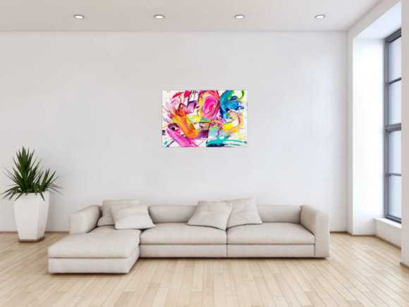 Abstraktes Original Gemälde 60x90cm Action Painting Moderne Kunst handgemalt Splash Art weiß bunt pink hochwertig