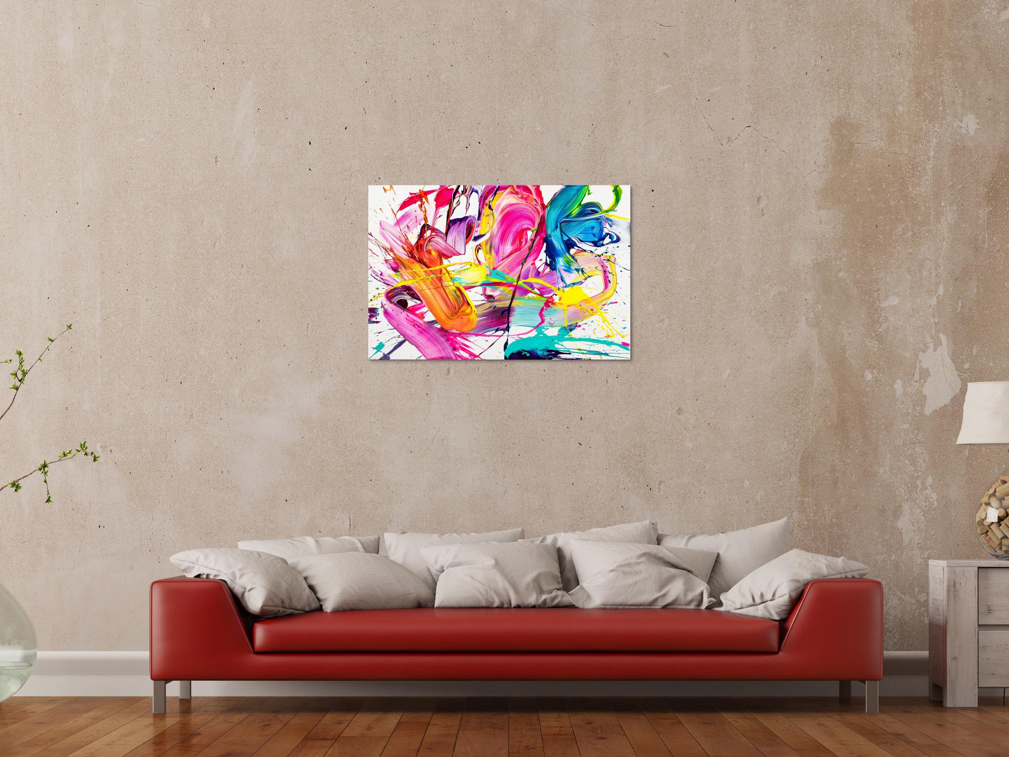 Abstraktes Original Gemälde 60x90cm Action Painting Moderne Kunst handgemalt Splash Art weiß bunt pink hochwertig