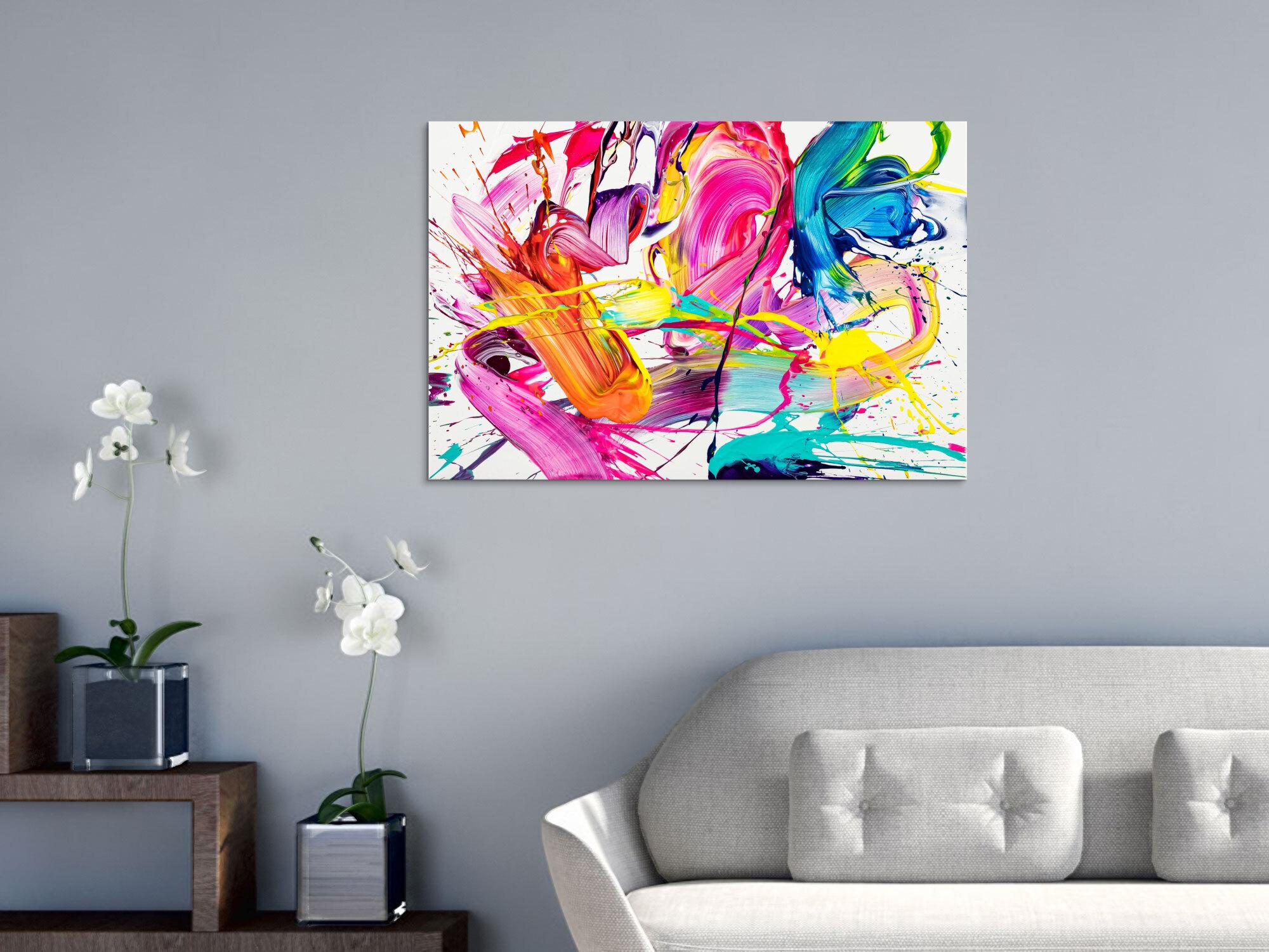 Abstraktes Original Gemälde 60x90cm Action Painting Moderne Kunst handgemalt Splash Art weiß bunt pink hochwertig