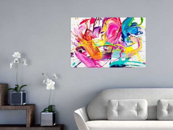 Abstraktes Original Gemälde 60x90cm Action Painting Moderne Kunst handgemalt Splash Art weiß bunt pink hochwertig