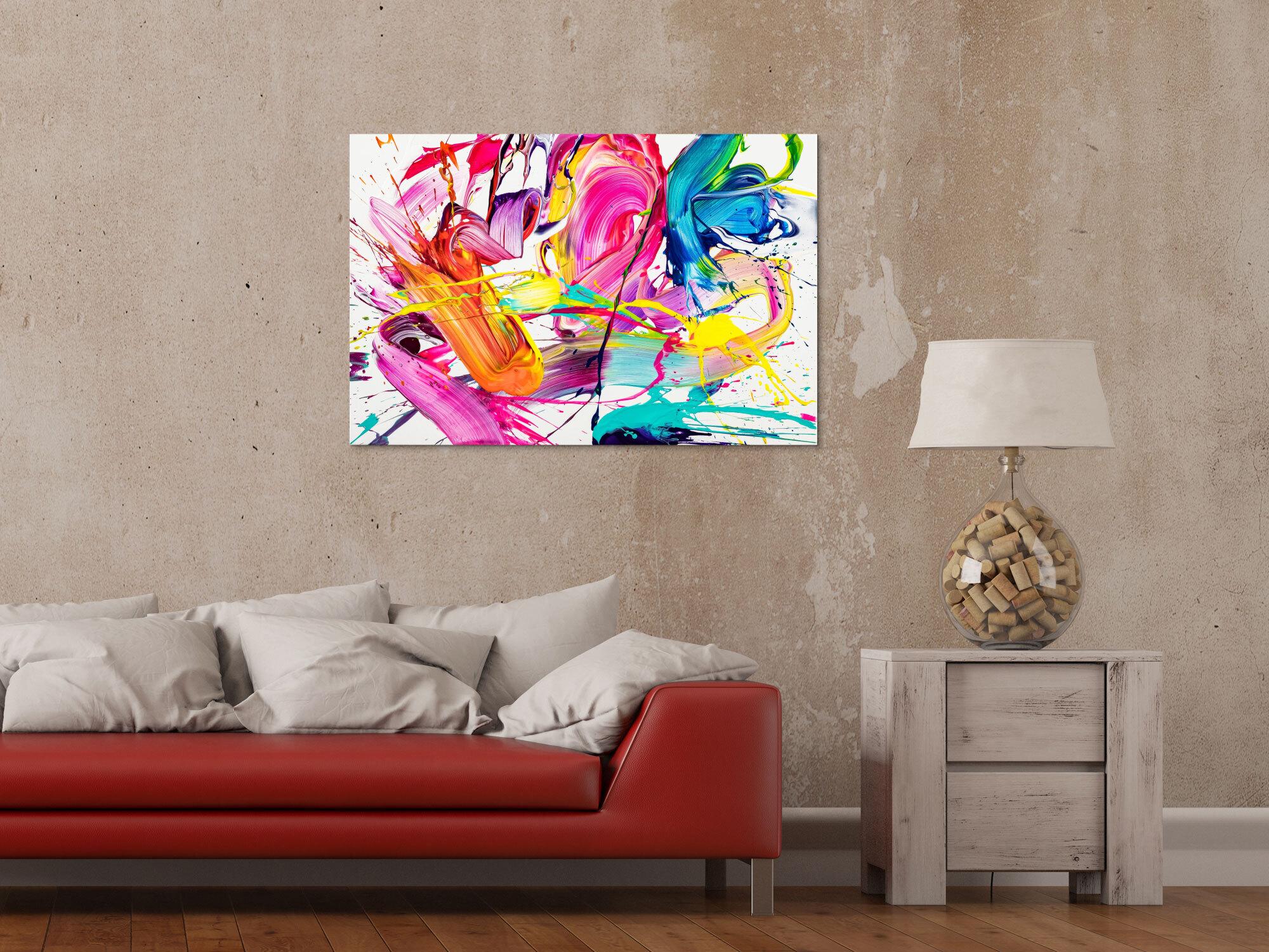 Abstraktes Original Gemälde 60x90cm Action Painting Moderne Kunst handgemalt Splash Art weiß bunt pink hochwertig