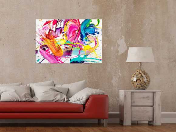 Abstraktes Original Gemälde 60x90cm Action Painting Moderne Kunst handgemalt Splash Art weiß bunt pink hochwertig