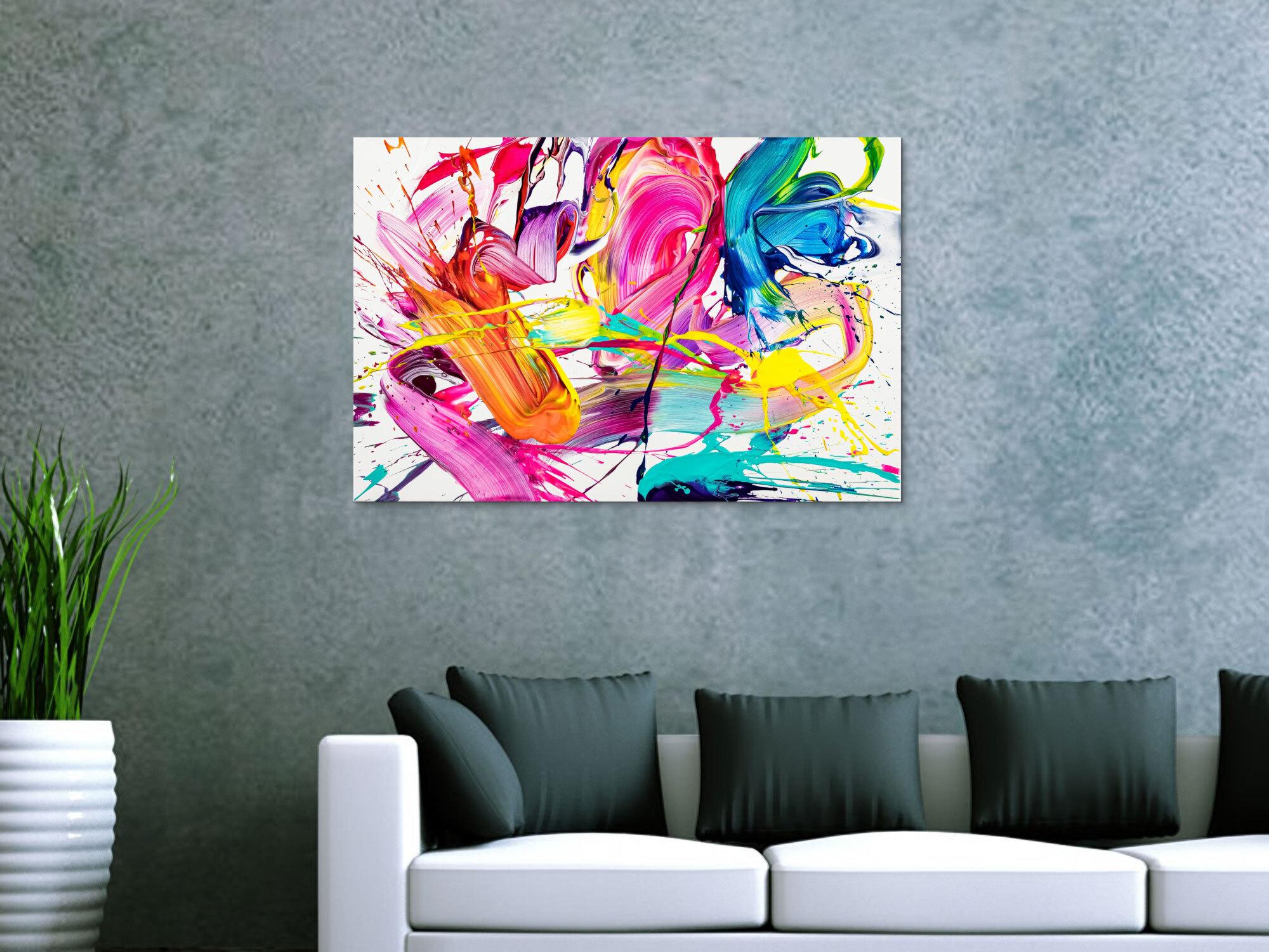 Abstraktes Original Gemälde 60x90cm Action Painting Moderne Kunst handgemalt Splash Art weiß bunt pink hochwertig