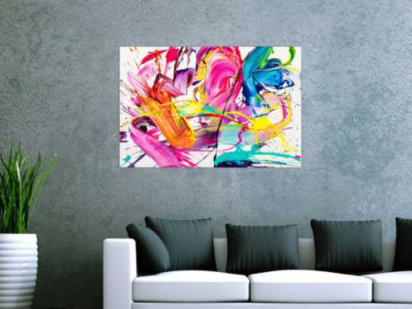 Abstraktes Original Gemälde 60x90cm Action Painting Moderne Kunst handgemalt Splash Art weiß bunt pink hochwertig