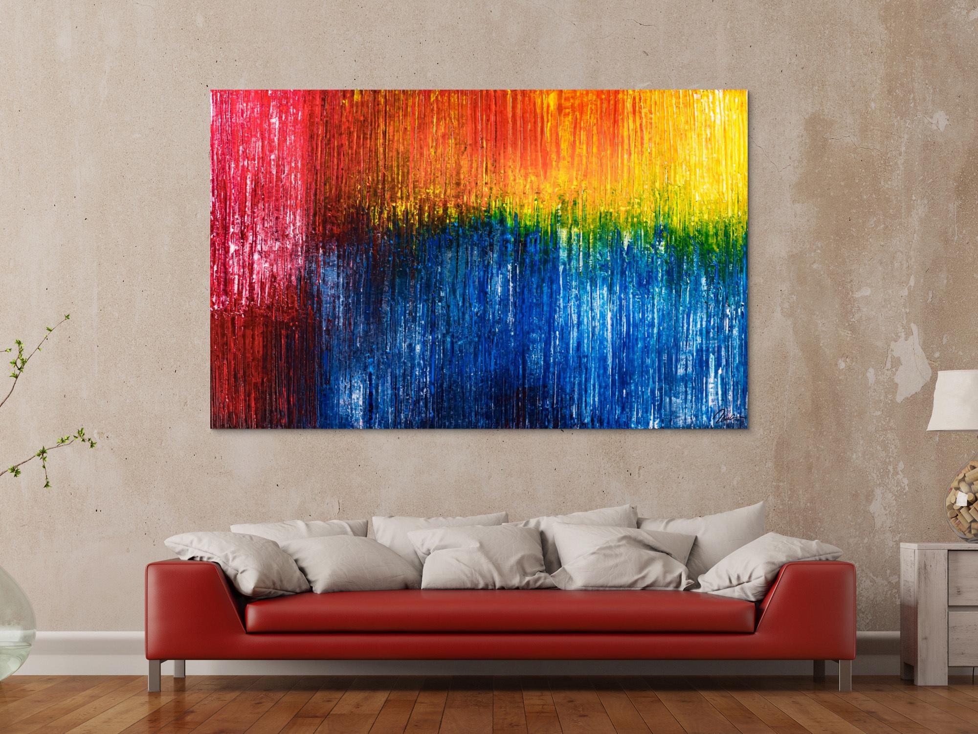 Abstraktes Original Gemälde 120x190cm Spachteltechnik expressionistisch handgemalt  blau rot gelb Unikat