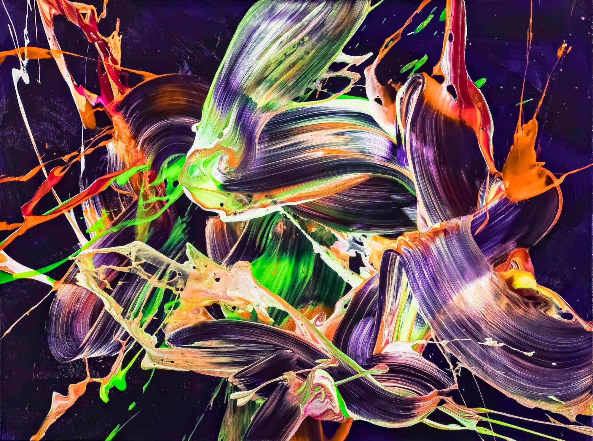 Original Gemälde abstrakt 60x80cm Action Painting Moderne Kunst auf Leinwand mit NEON Farben violett orange hellgrün