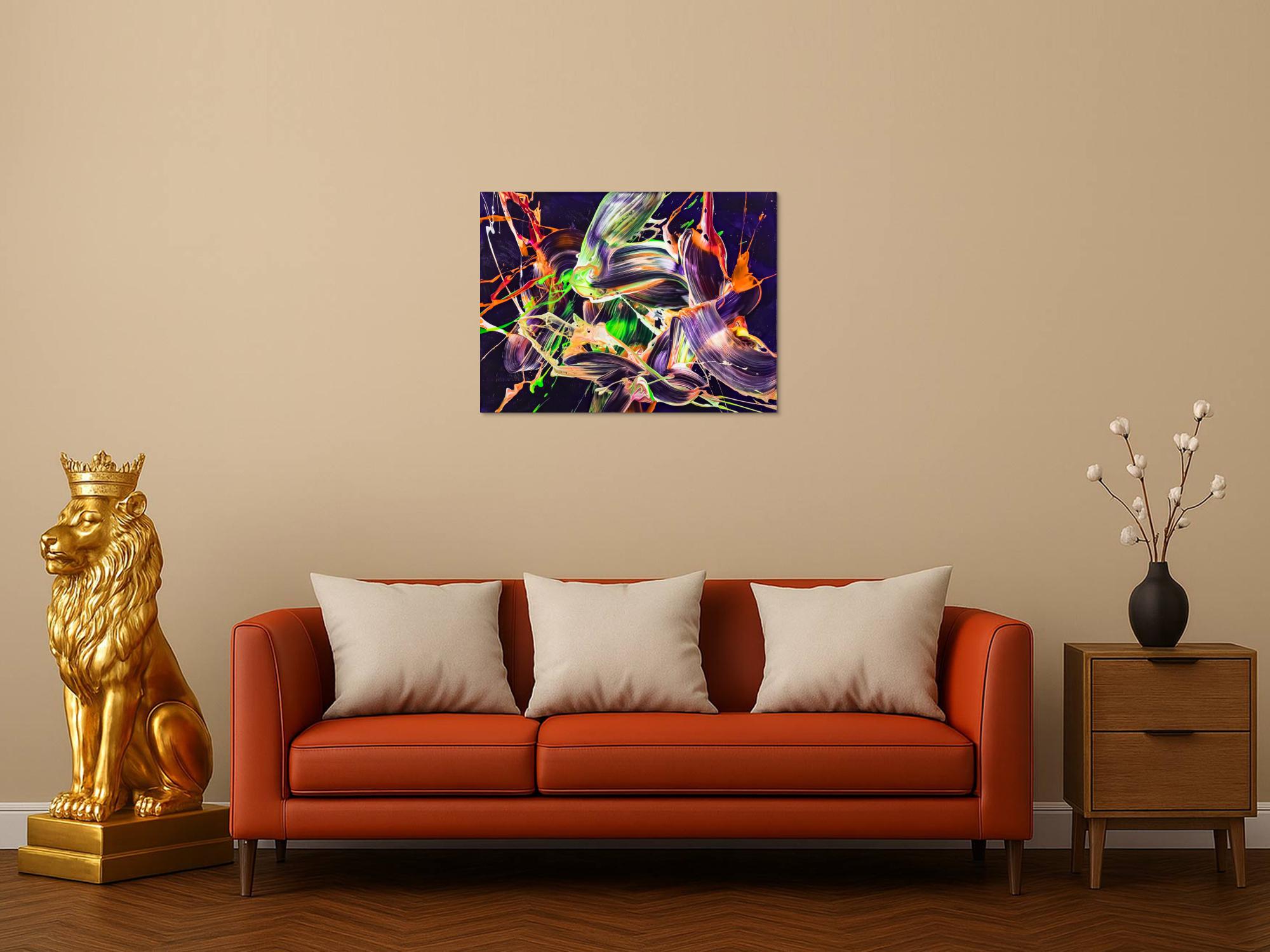 Original Gemälde abstrakt 60x80cm Action Painting Moderne Kunst auf Leinwand mit NEON Farben violett orange hellgrün
