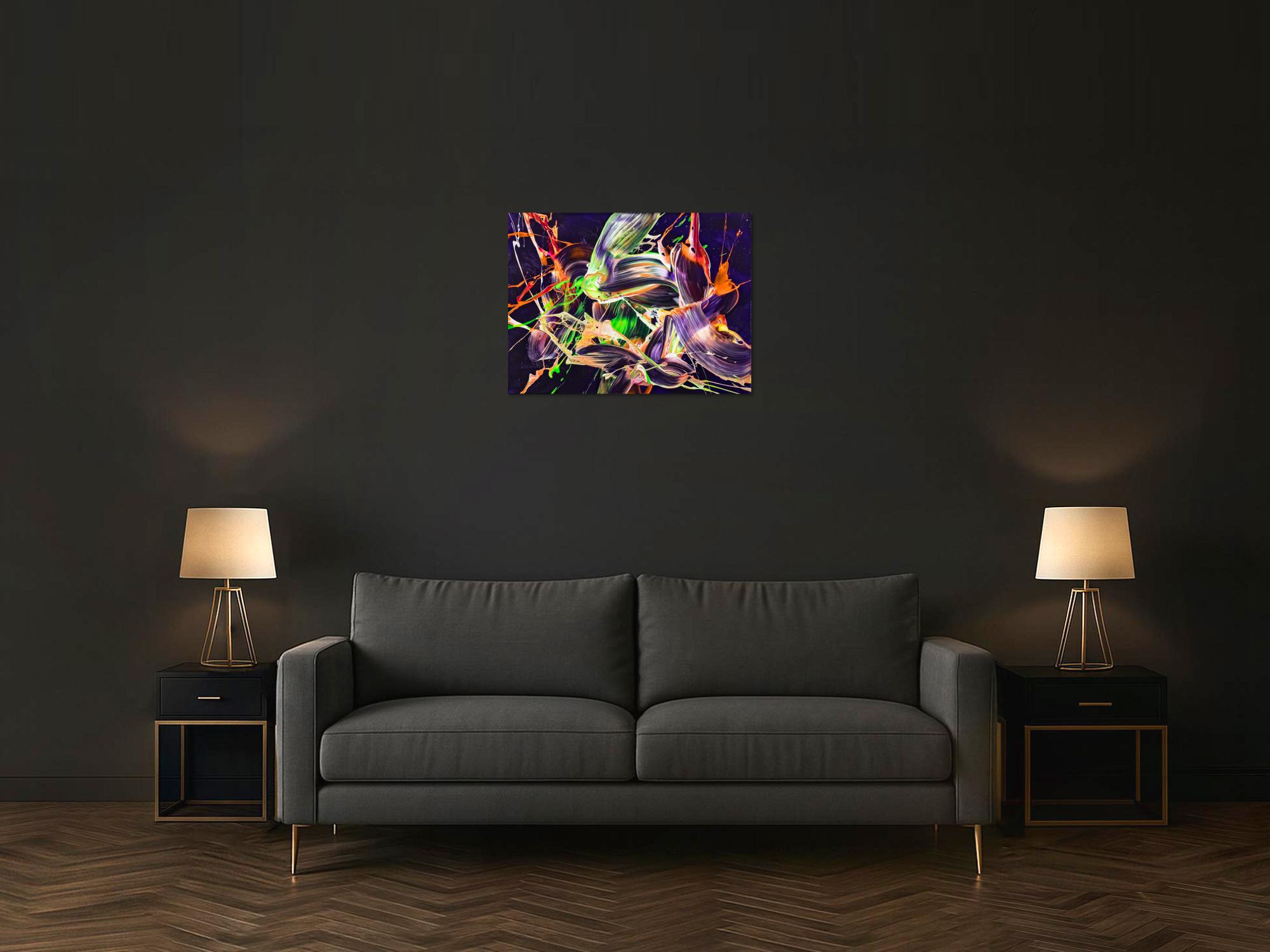 Original Gemälde abstrakt 60x80cm Action Painting Moderne Kunst auf Leinwand mit NEON Farben violett orange hellgrün