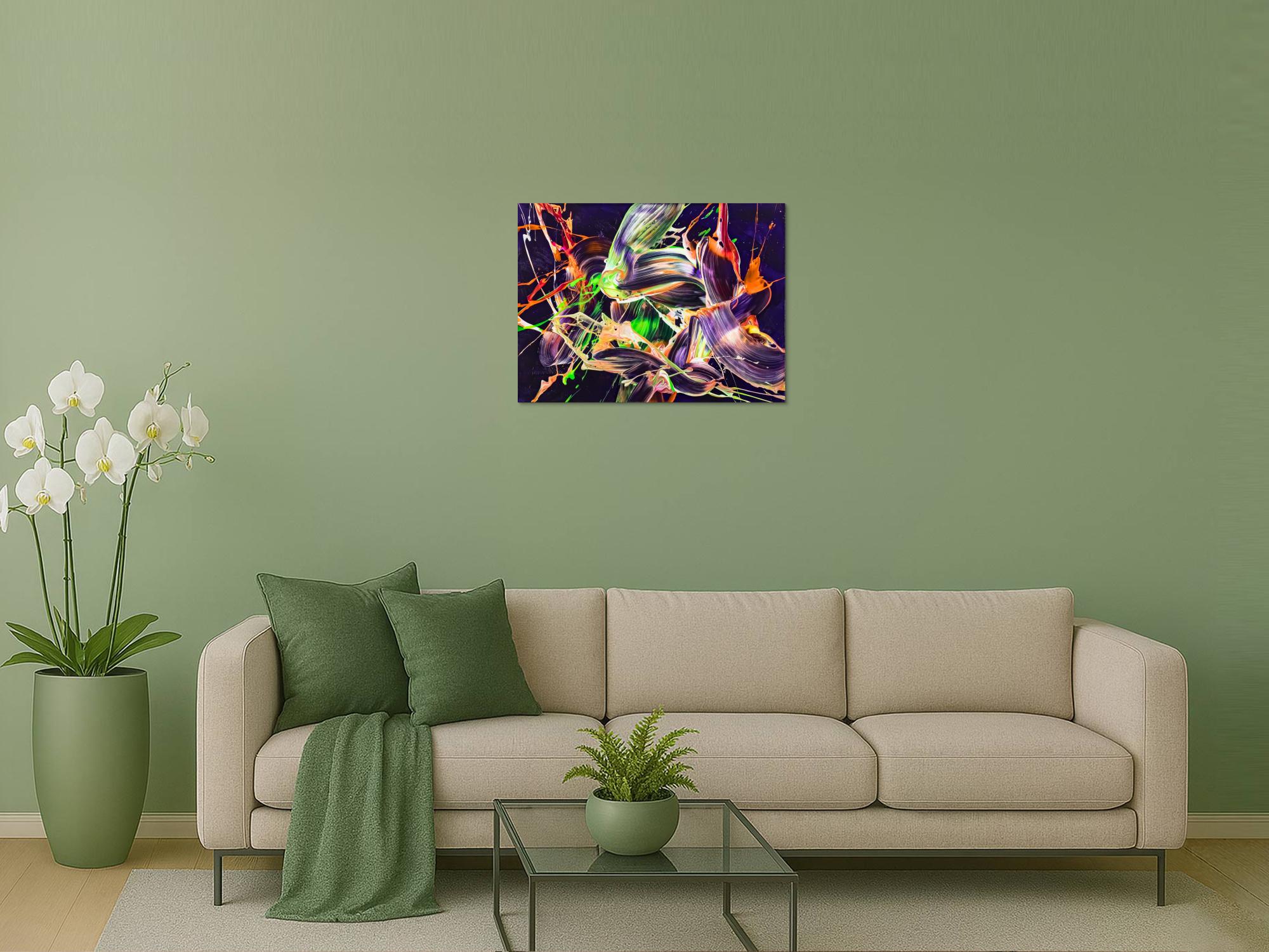 Original Gemälde abstrakt 60x80cm Action Painting Moderne Kunst auf Leinwand mit NEON Farben violett orange hellgrün