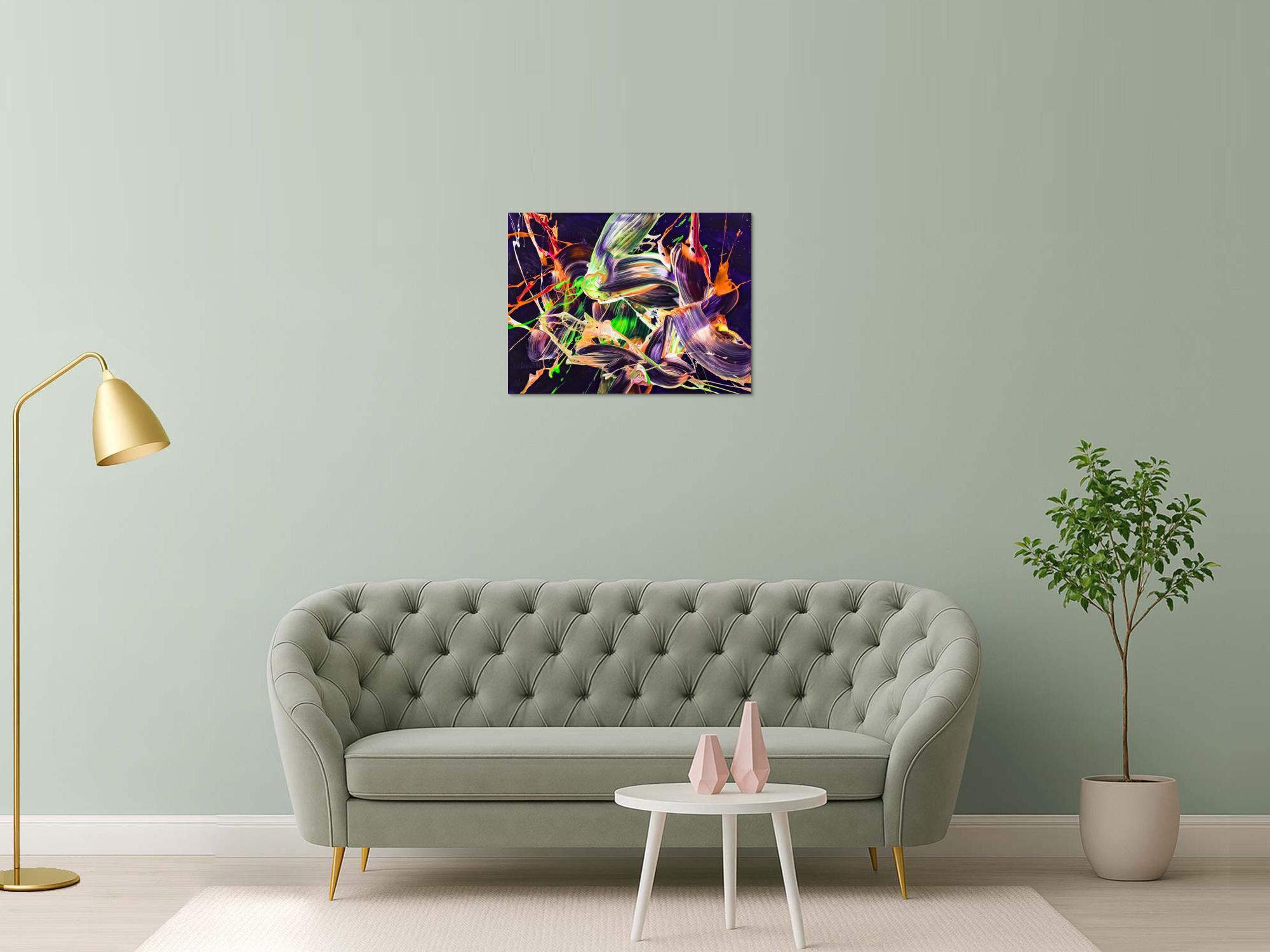 Original Gemälde abstrakt 60x80cm Action Painting Moderne Kunst auf Leinwand mit NEON Farben violett orange hellgrün