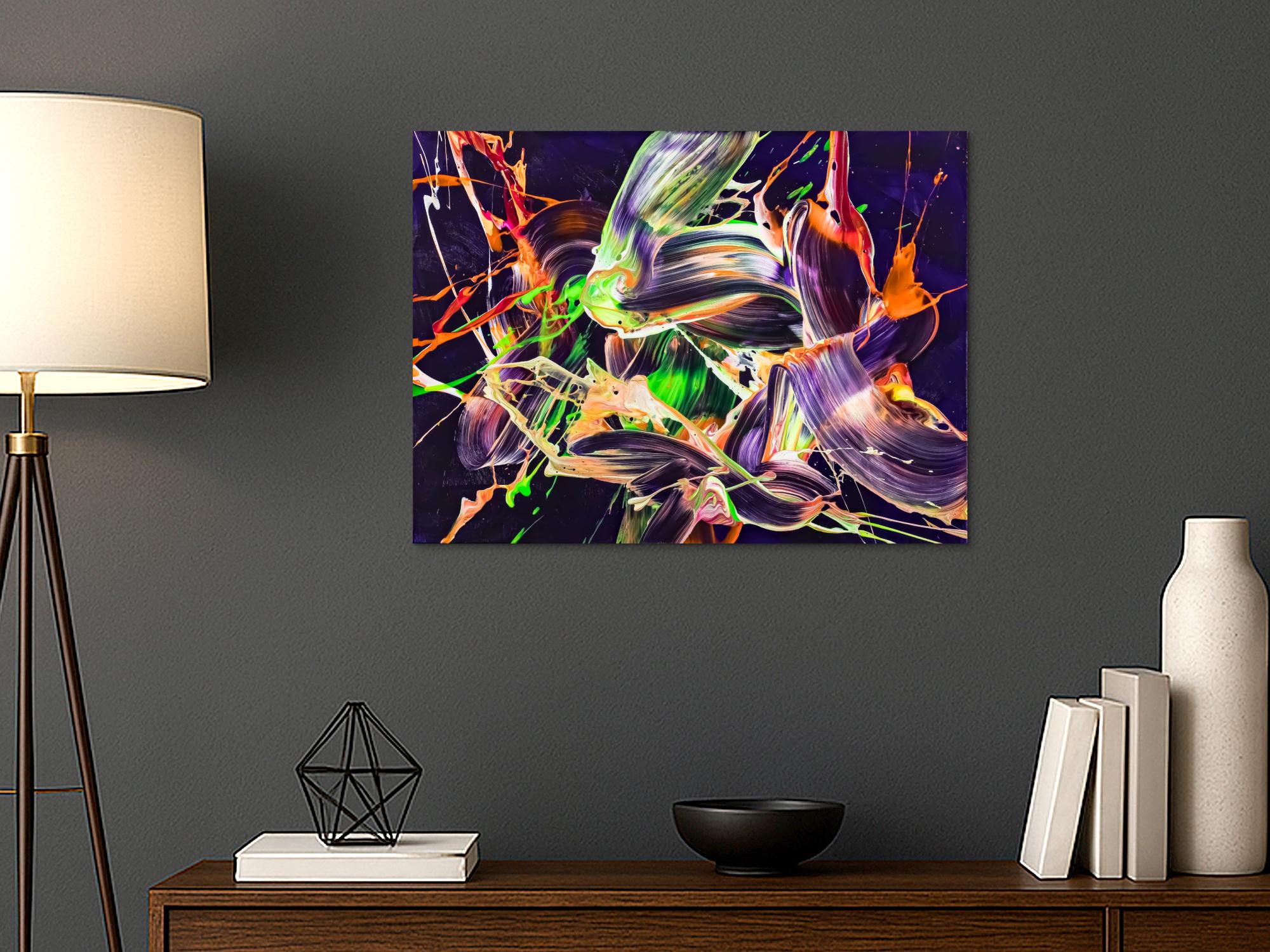 Original Gemälde abstrakt 60x80cm Action Painting Moderne Kunst auf Leinwand mit NEON Farben violett orange hellgrün
