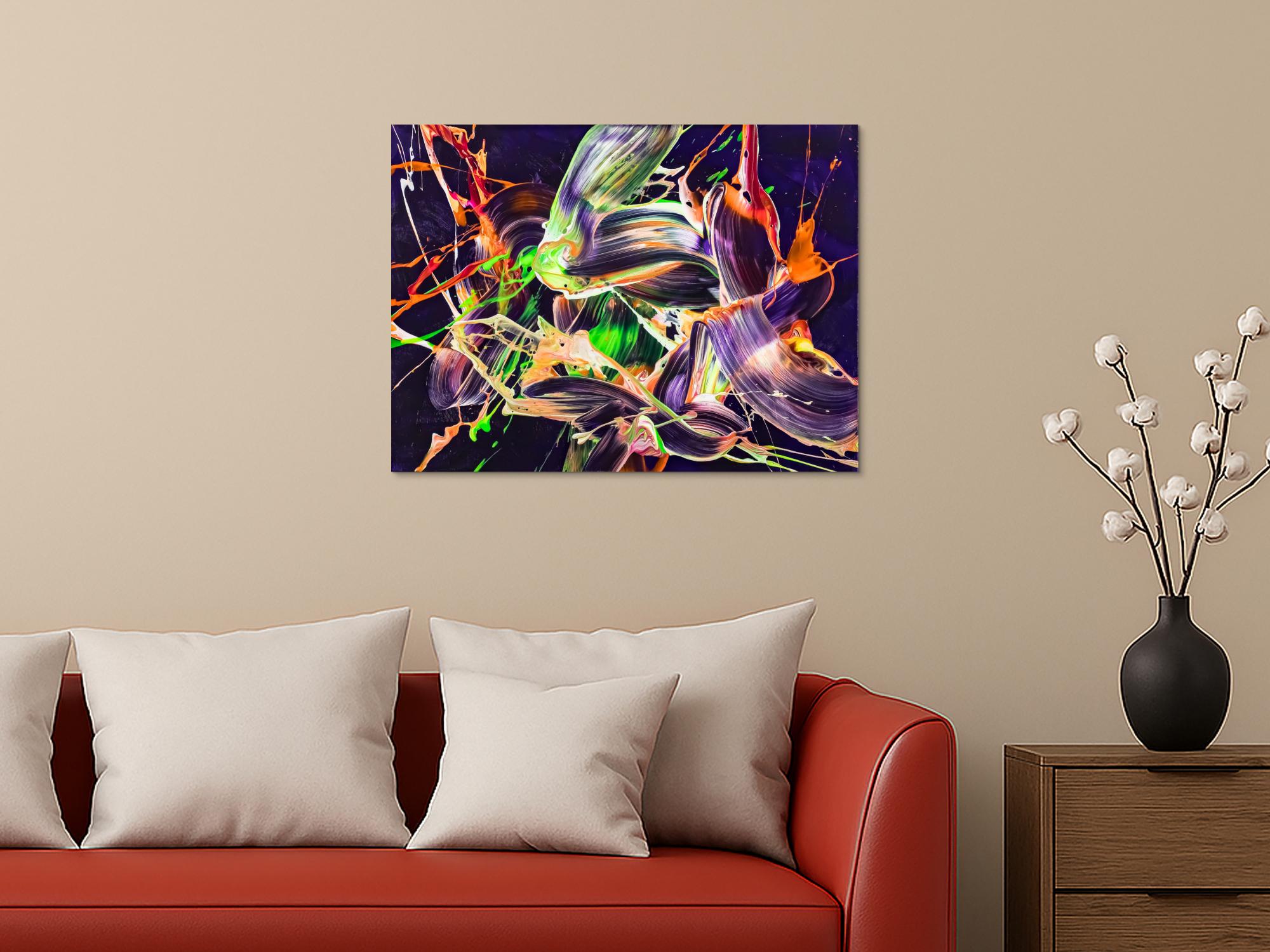 Original Gemälde abstrakt 60x80cm Action Painting Moderne Kunst auf Leinwand mit NEON Farben violett orange hellgrün