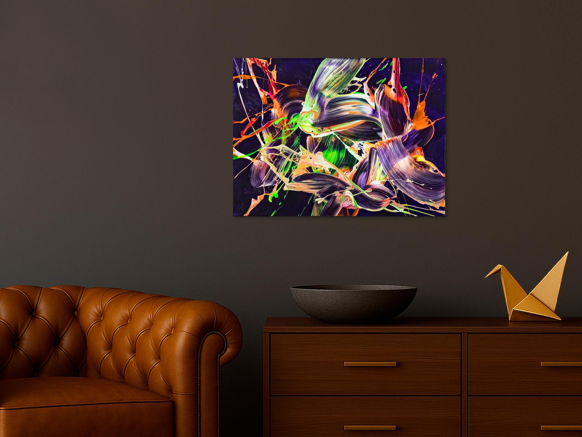 Original Gemälde abstrakt 60x80cm Action Painting Moderne Kunst auf Leinwand mit NEON Farben violett orange hellgrün