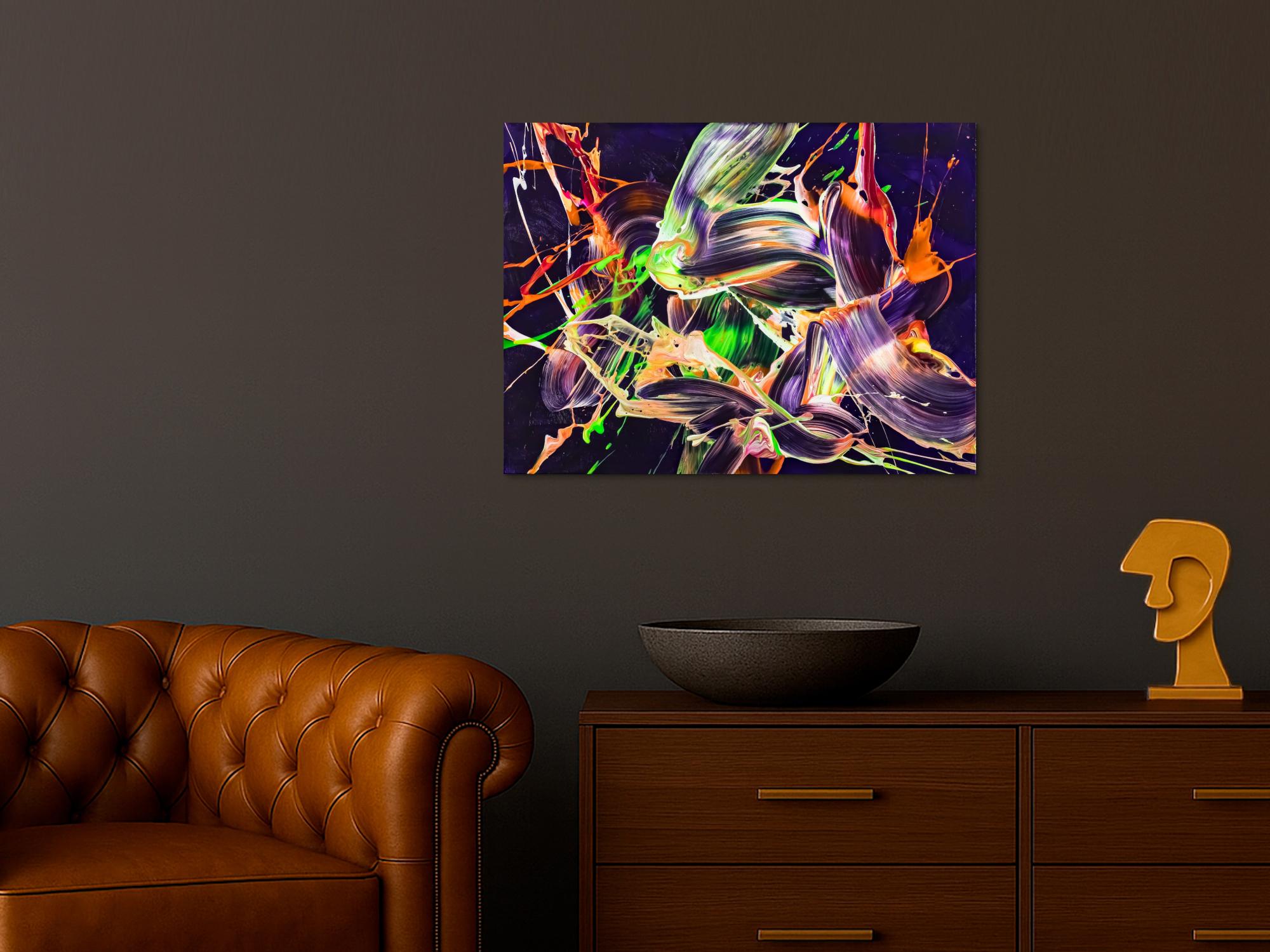 Original Gemälde abstrakt 60x80cm Action Painting Moderne Kunst auf Leinwand mit NEON Farben violett orange hellgrün