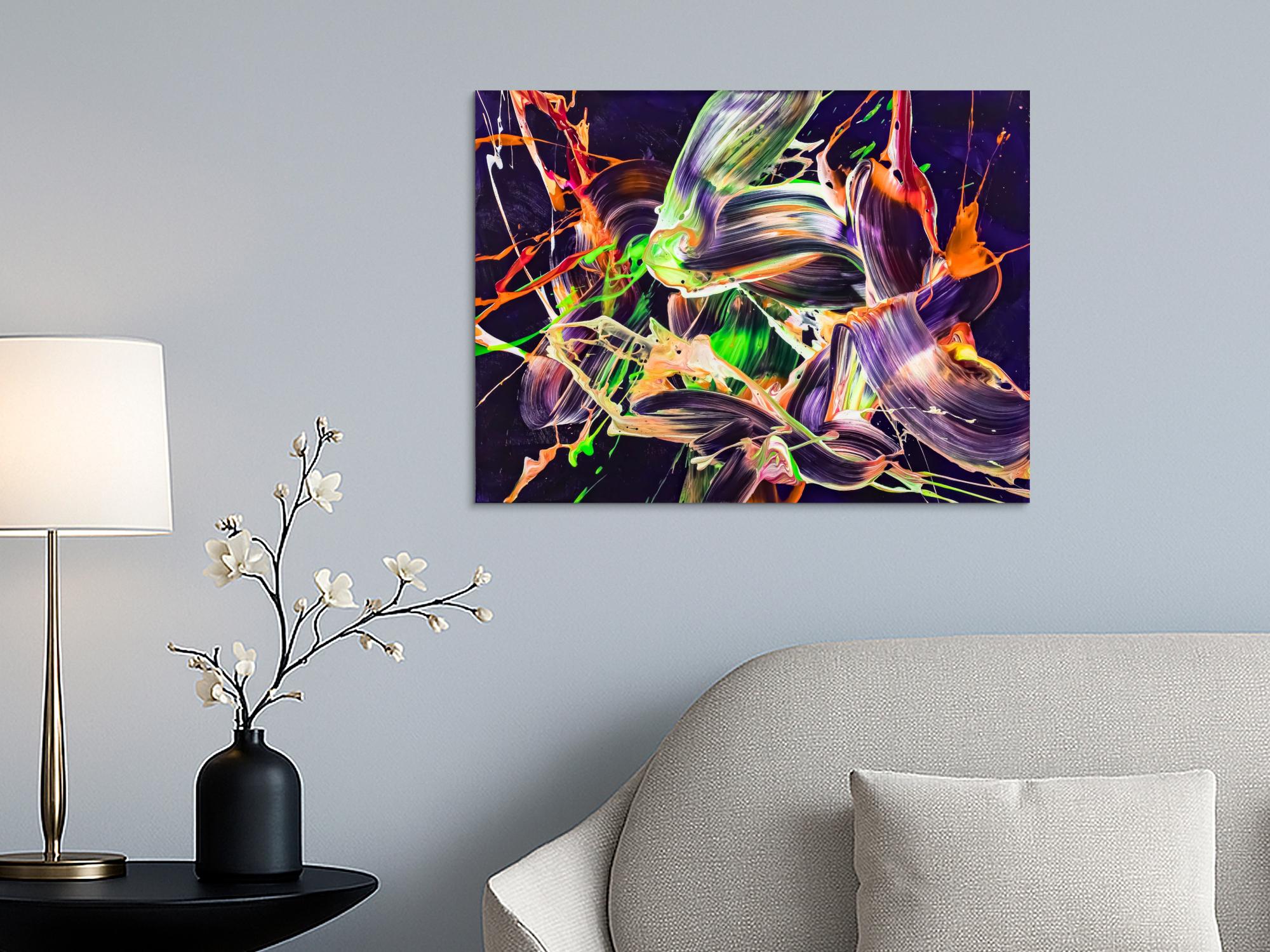 Original Gemälde abstrakt 60x80cm Action Painting Moderne Kunst auf Leinwand mit NEON Farben violett orange hellgrün