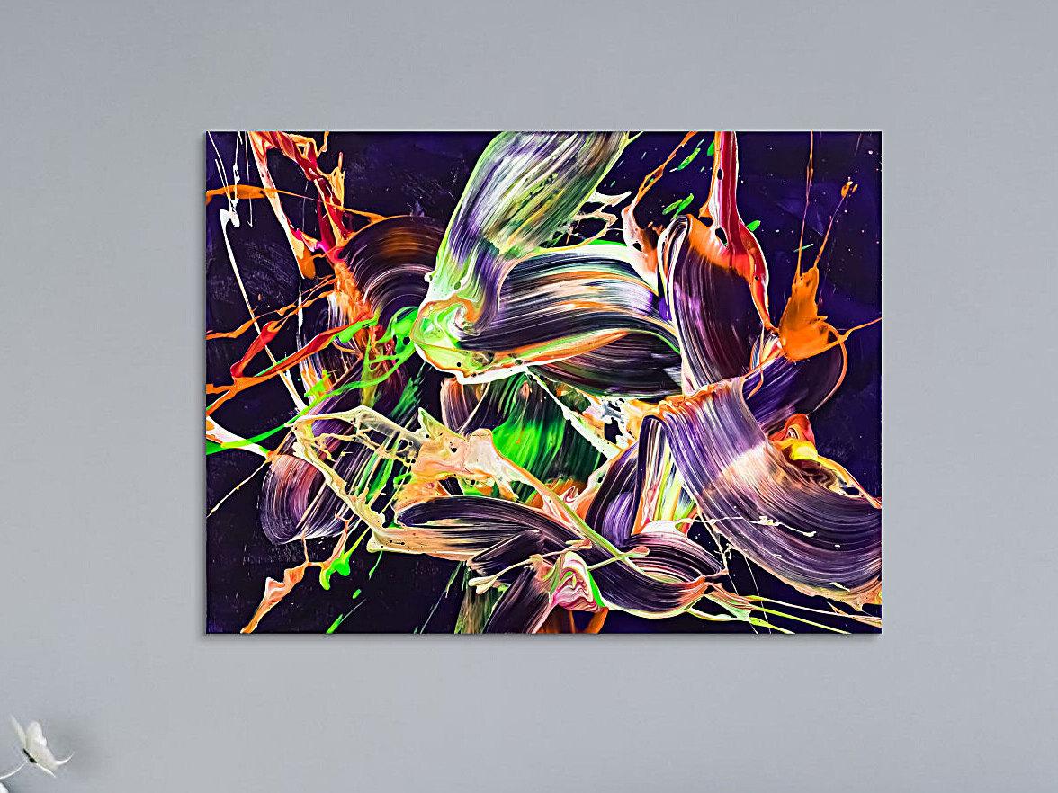 Original Gemälde abstrakt 60x80cm Action Painting Moderne Kunst auf Leinwand mit NEON Farben violett orange hellgrün