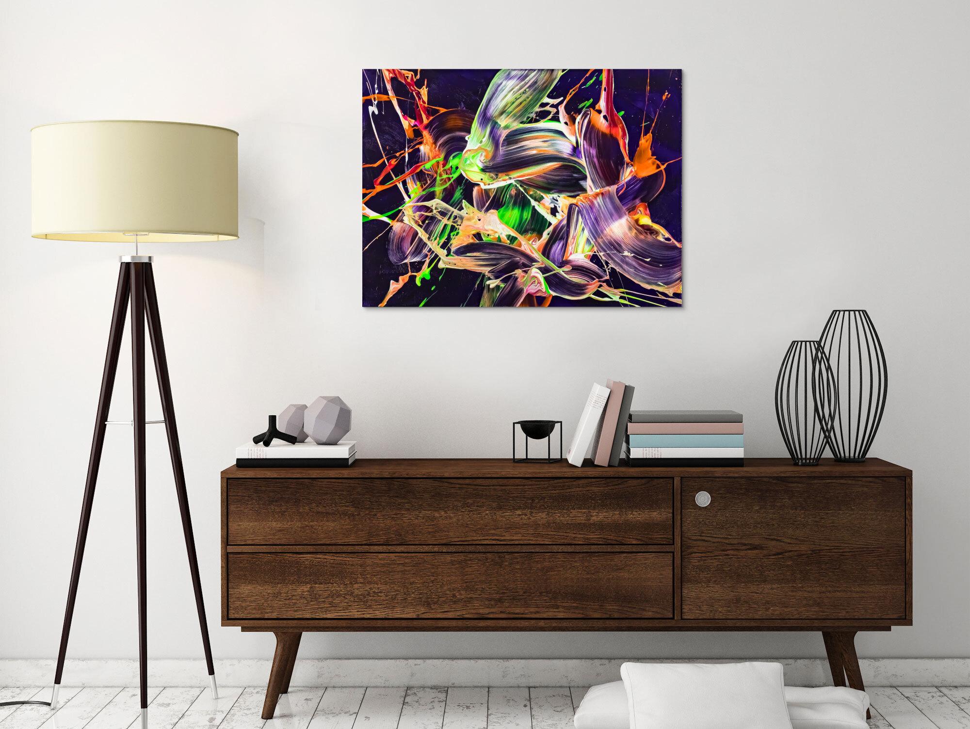 Original Gemälde abstrakt 60x80cm Action Painting Moderne Kunst auf Leinwand mit NEON Farben violett orange hellgrün