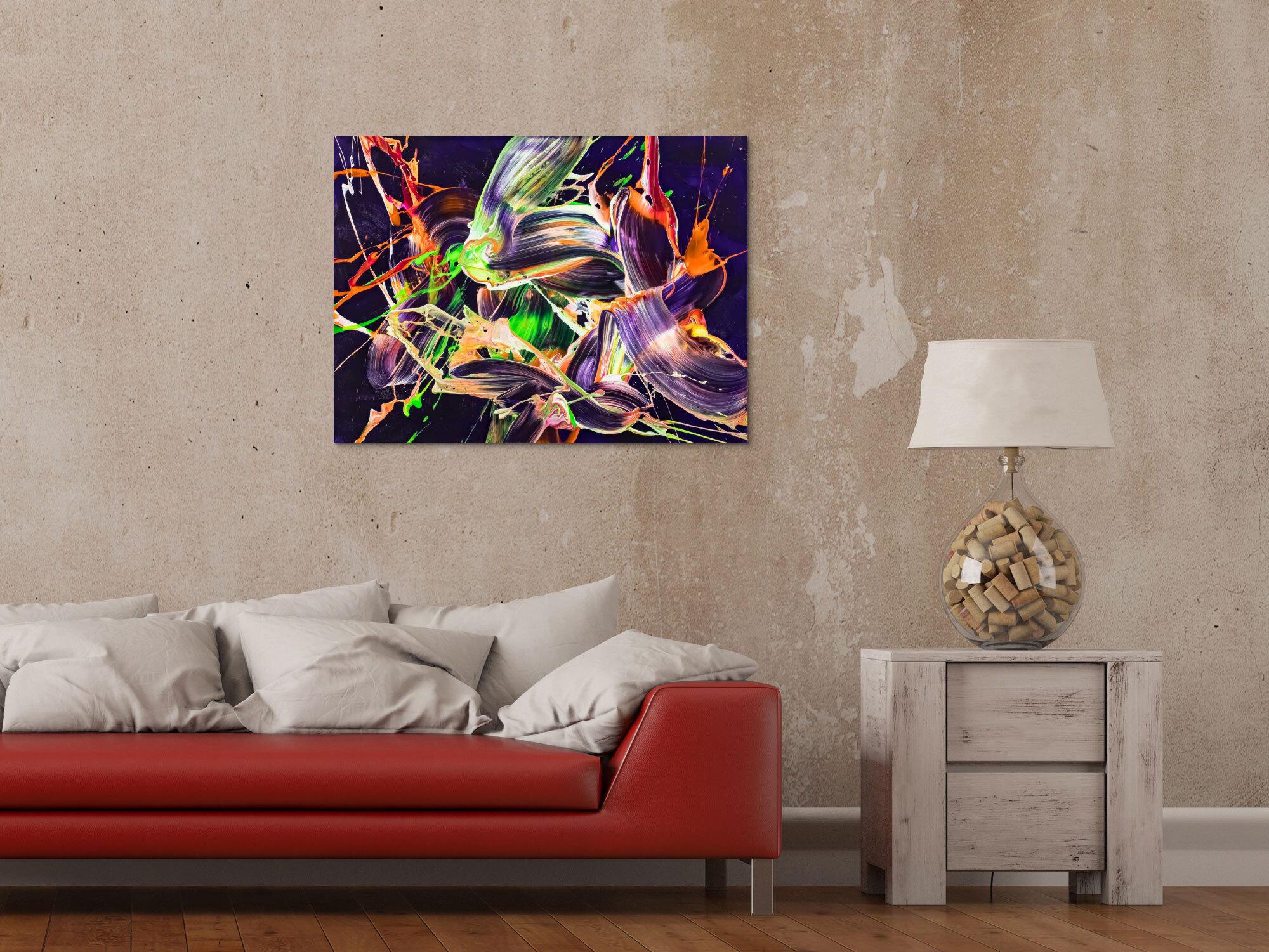 Original Gemälde abstrakt 60x80cm Action Painting Moderne Kunst auf Leinwand mit NEON Farben violett orange hellgrün