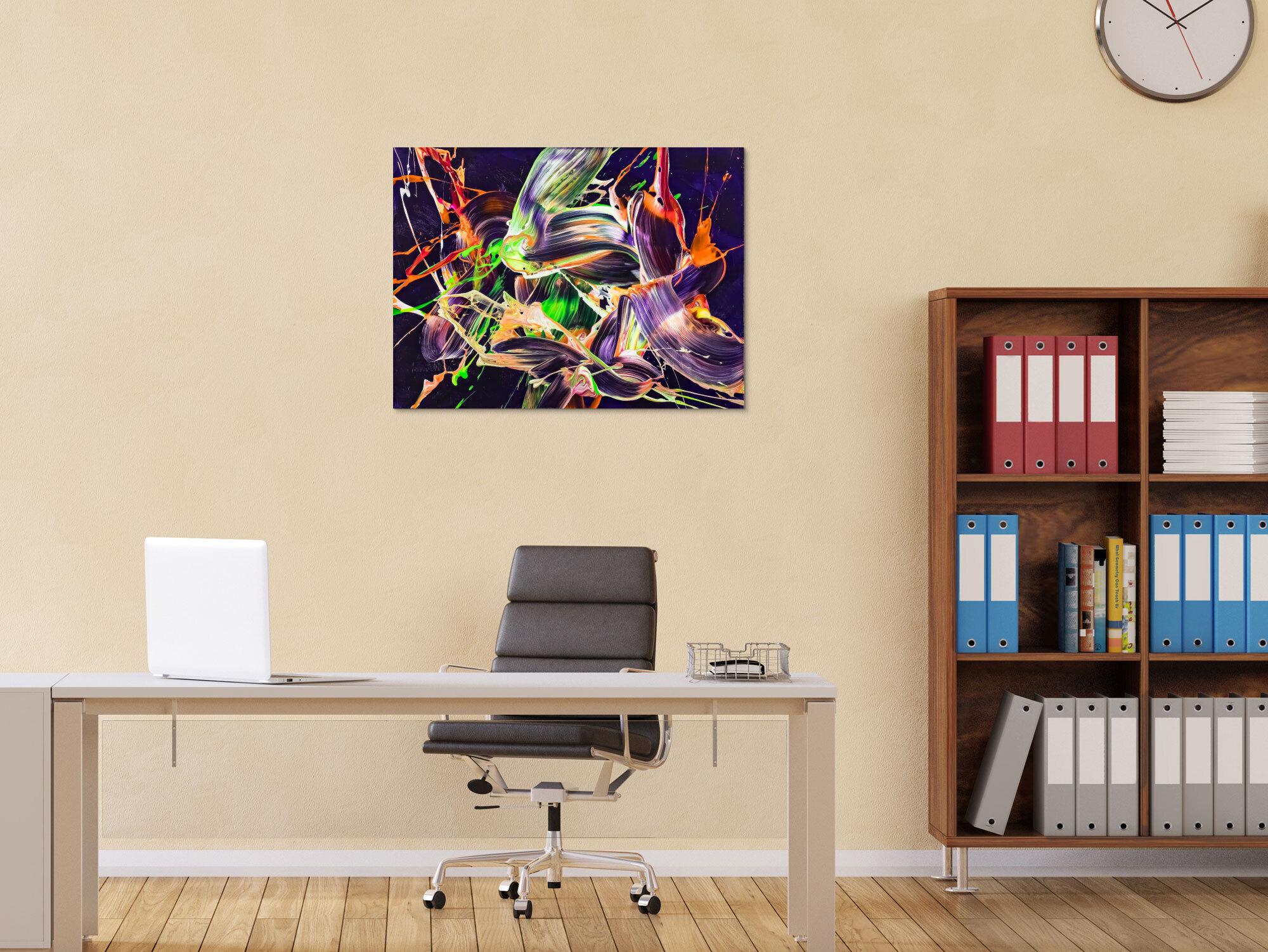 Original Gemälde abstrakt 60x80cm Action Painting Moderne Kunst auf Leinwand mit NEON Farben violett orange hellgrün