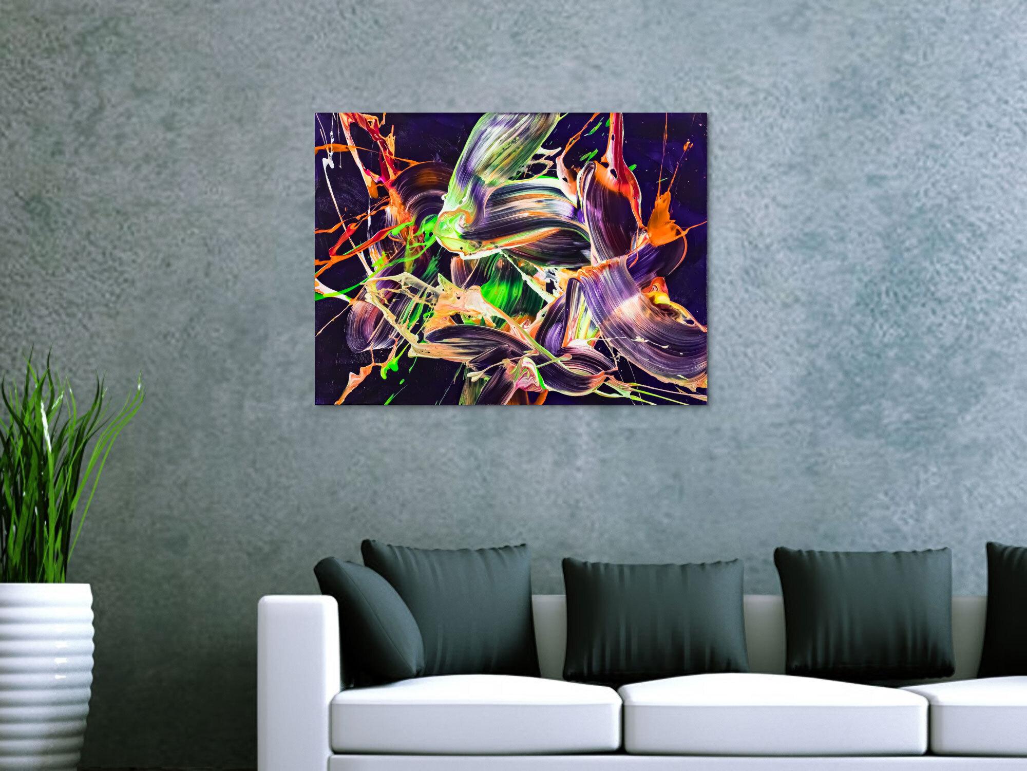 Original Gemälde abstrakt 60x80cm Action Painting Moderne Kunst auf Leinwand mit NEON Farben violett orange hellgrün