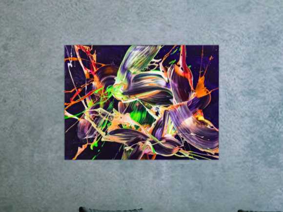 Original Gemälde abstrakt 60x80cm Action Painting Moderne Kunst auf Leinwand mit NEON Farben violett orange hellgrün
