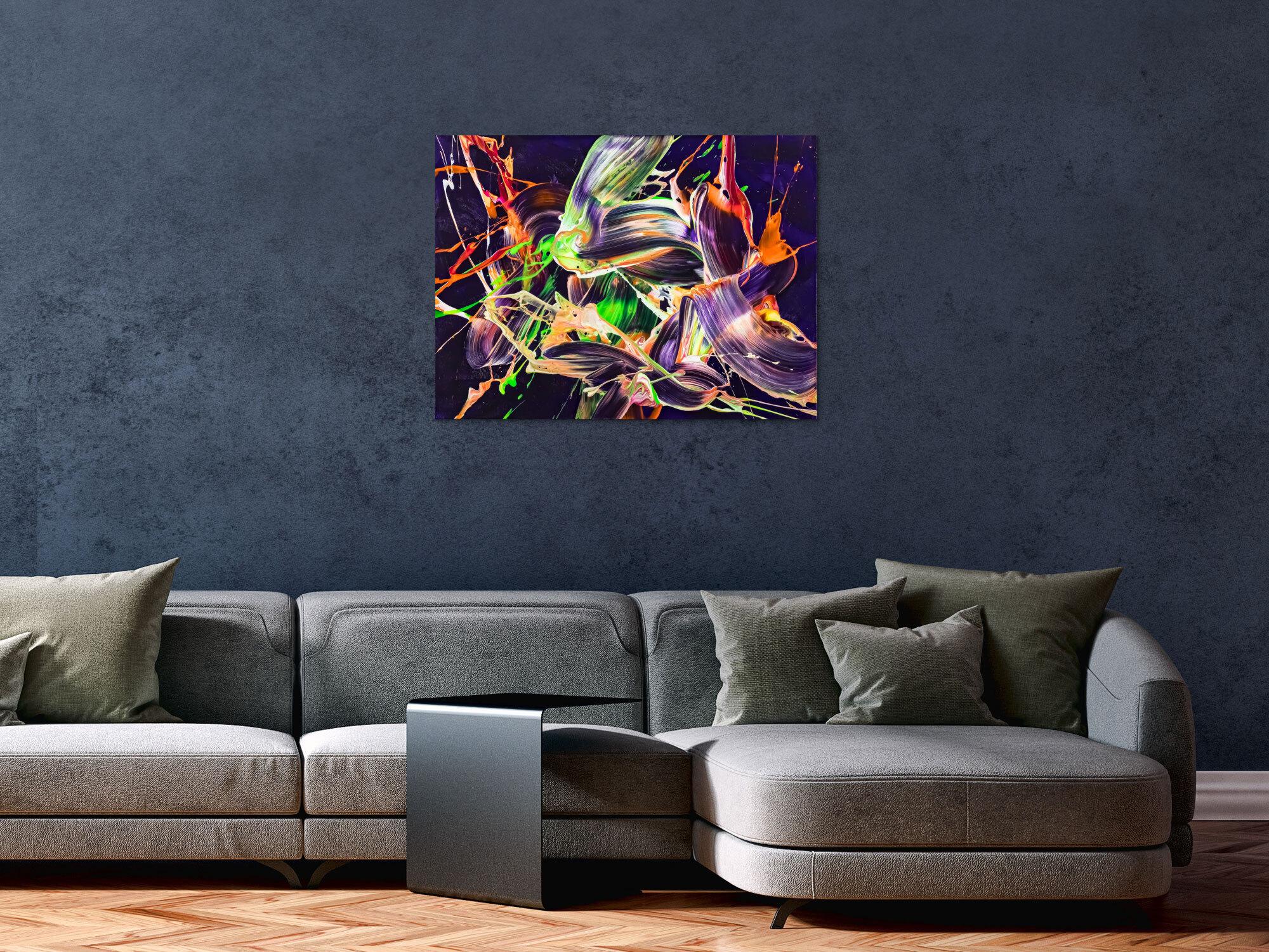 Original Gemälde abstrakt 60x80cm Action Painting Moderne Kunst auf Leinwand mit NEON Farben violett orange hellgrün