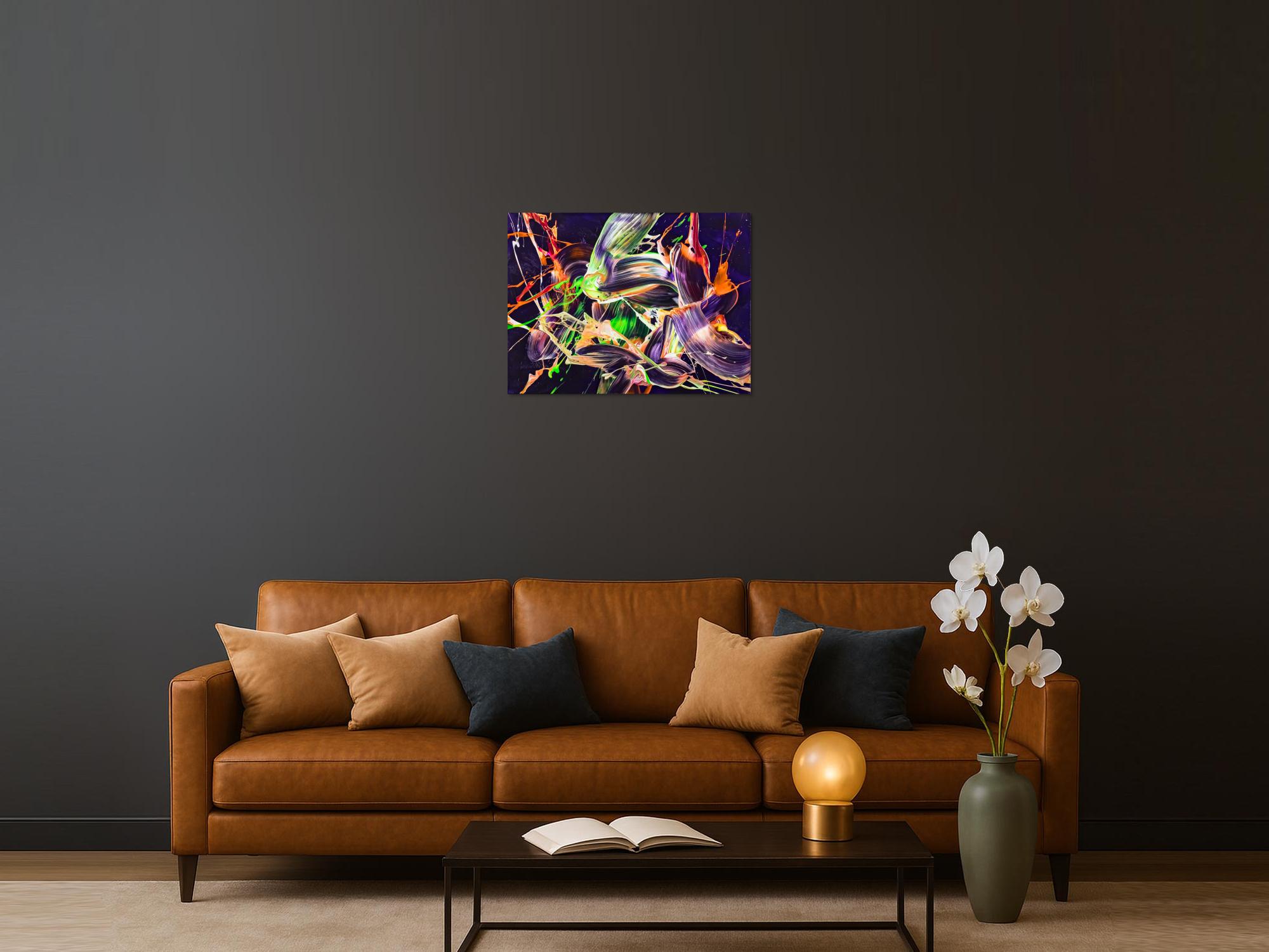 Original Gemälde abstrakt 60x80cm Action Painting Moderne Kunst auf Leinwand mit NEON Farben violett orange hellgrün