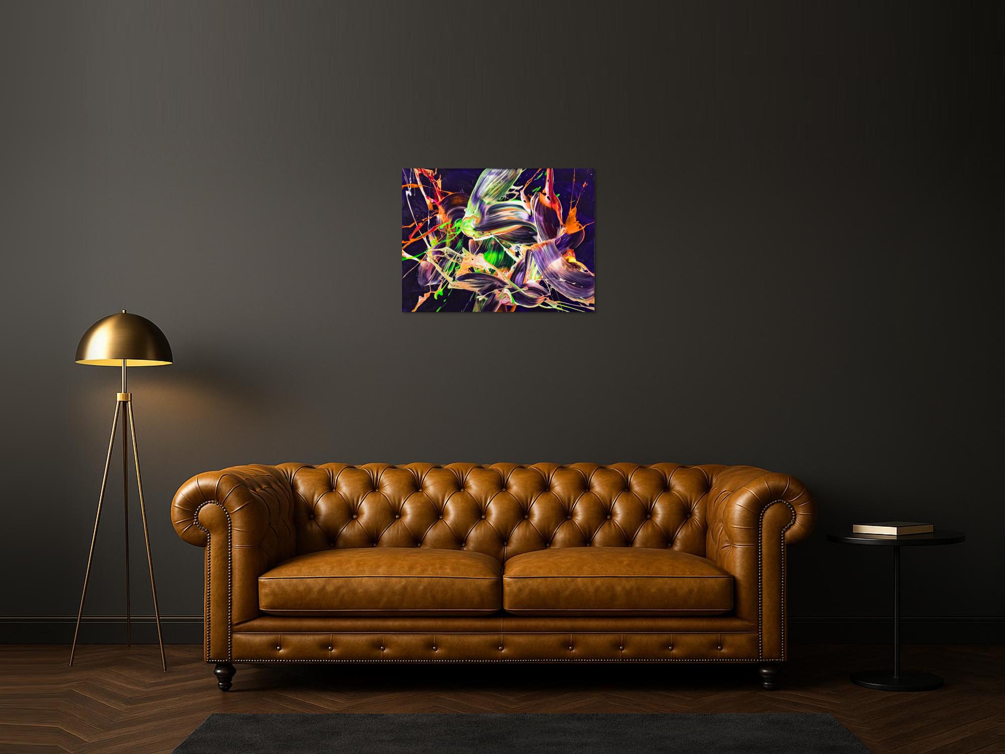 Original Gemälde abstrakt 60x80cm Action Painting Moderne Kunst auf Leinwand mit NEON Farben violett orange hellgrün