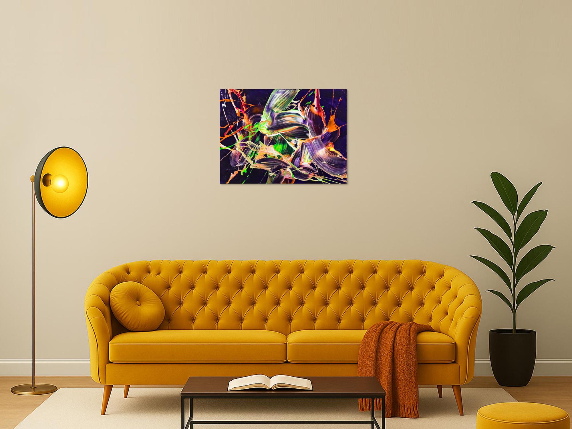 Original Gemälde abstrakt 60x80cm Action Painting Moderne Kunst auf Leinwand mit NEON Farben violett orange hellgrün
