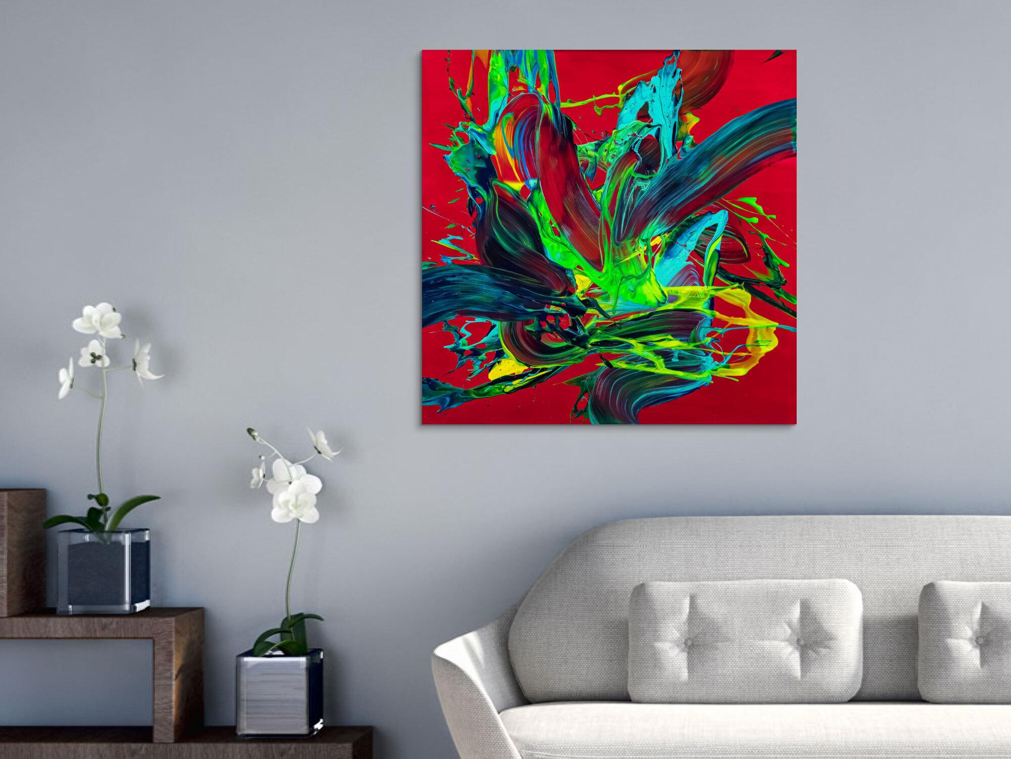 Gemälde Original abstrakt 80x80cm Action Painting zeitgenössisch handgemalt Fluid Painting rot hellgrün türkis einzigartig