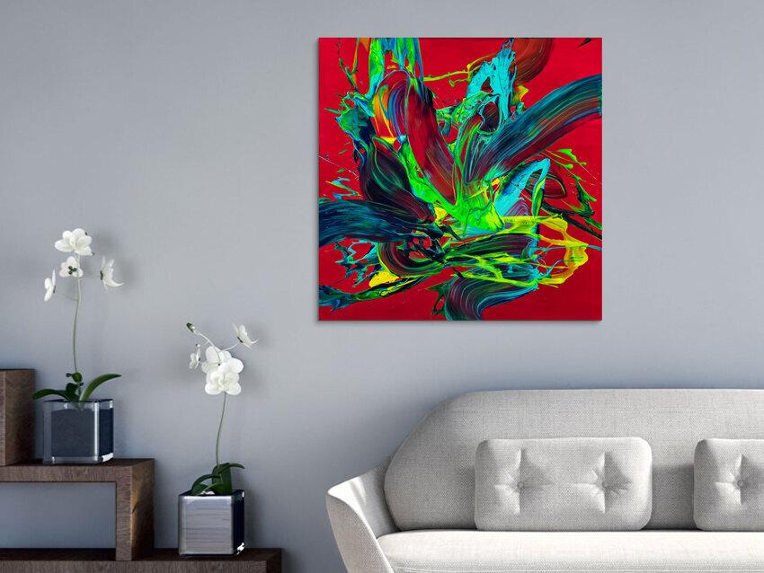 Gemälde Original abstrakt 80x80cm Action Painting zeitgenössisch handgemalt Fluid Painting rot hellgrün türkis einzigartig