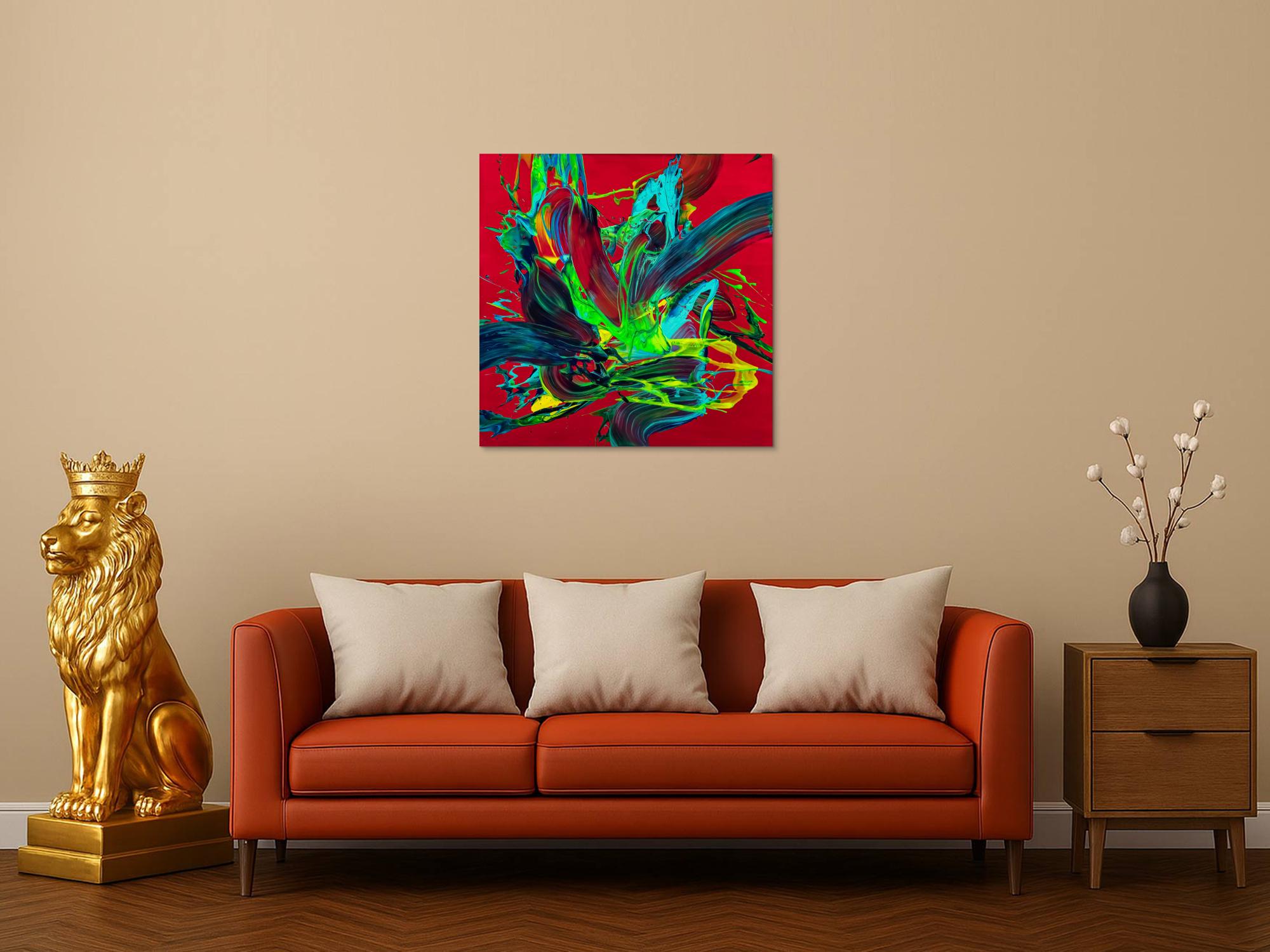 Gemälde Original abstrakt 80x80cm Action Painting zeitgenössisch handgemalt Fluid Painting rot hellgrün türkis einzigartig